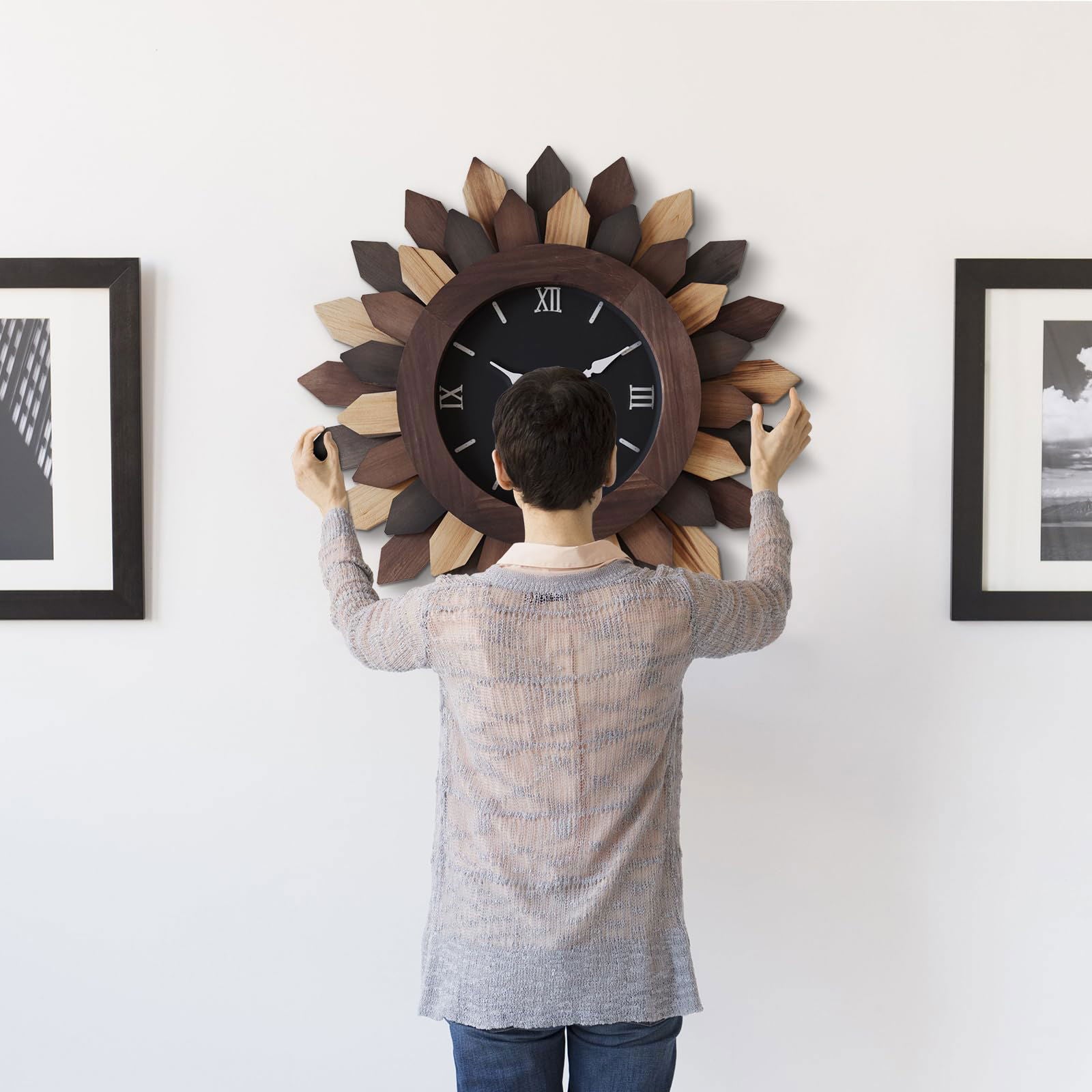 24'' Large Wall Clock for Living Room Deco Boho Sunburst Decorative Big Oversized Silent Battery Operated Farmhouse Wood Wall Clock for Office Home Dinning Room Bedroom Kitchen, Tricolor - DigiVirt