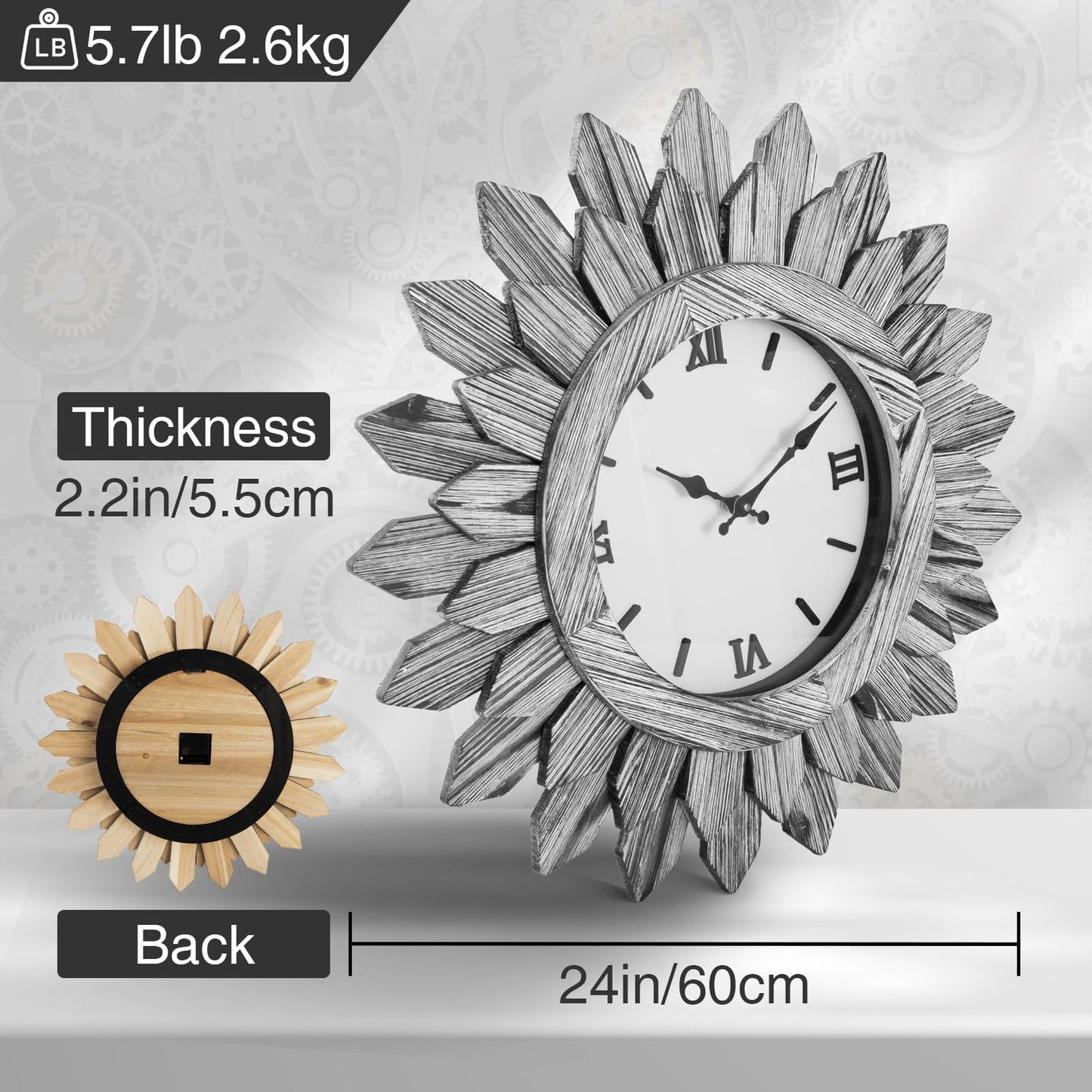 24'' Large Wall Clock for Living Room Deco Boho Sunburst Decorative Big Oversized Silent Battery Operated Farmhouse Wood Wall Clock for Office Home Dinning Room Bedroom Kitchen, Tricolor - DigiVirt