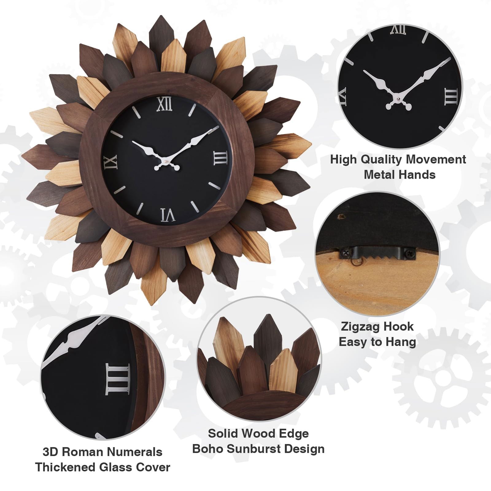 24'' Large Wall Clock for Living Room Deco Boho Sunburst Decorative Big Oversized Silent Battery Operated Farmhouse Wood Wall Clock for Office Home Dinning Room Bedroom Kitchen, Tricolor - DigiVirt