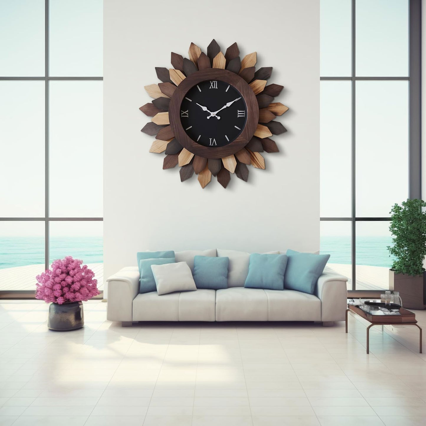 24'' Large Wall Clock for Living Room Deco Boho Sunburst Decorative Big Oversized Silent Battery Operated Farmhouse Wood Wall Clock for Office Home Dinning Room Bedroom Kitchen, Tricolor - DigiVirt
