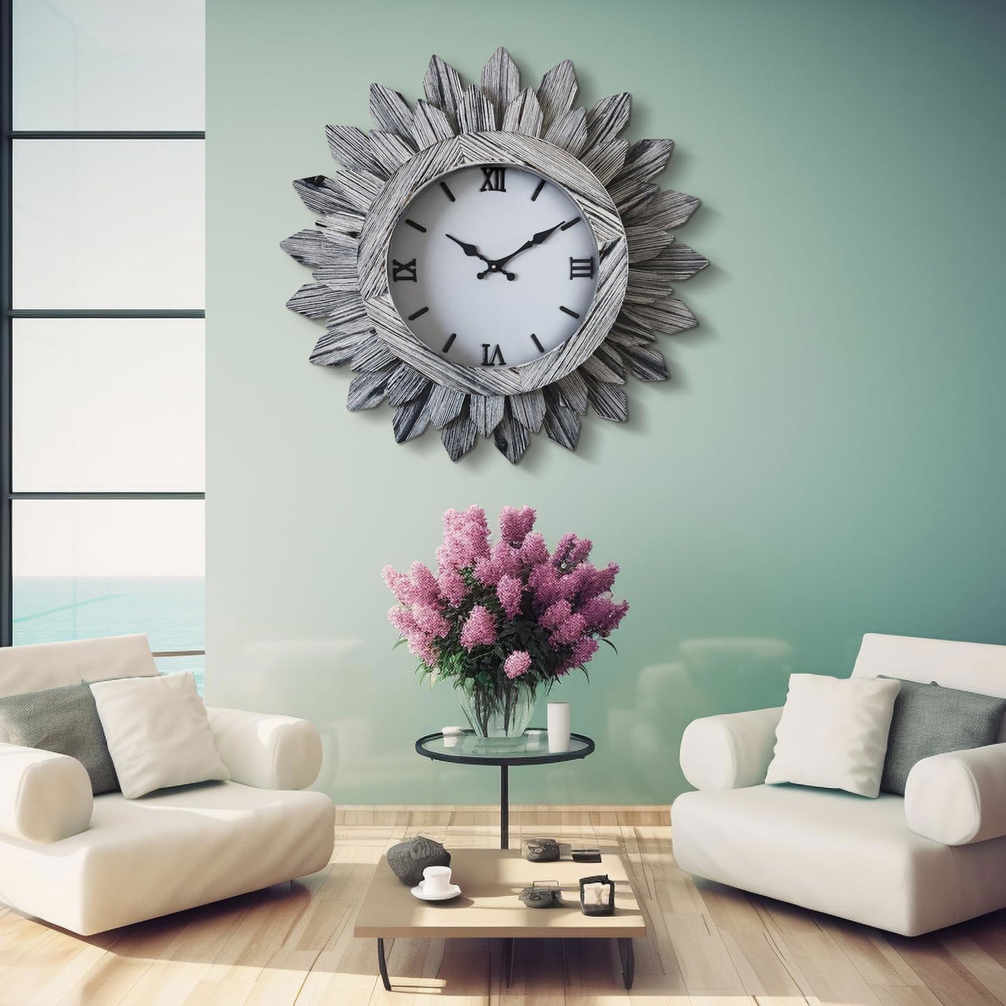 24'' Large Wall Clock for Living Room Deco Boho Sunburst Decorative Big Oversized Silent Battery Operated Farmhouse Wood Wall Clock for Office Home Dinning Room Bedroom Kitchen, Tricolor - DigiVirt