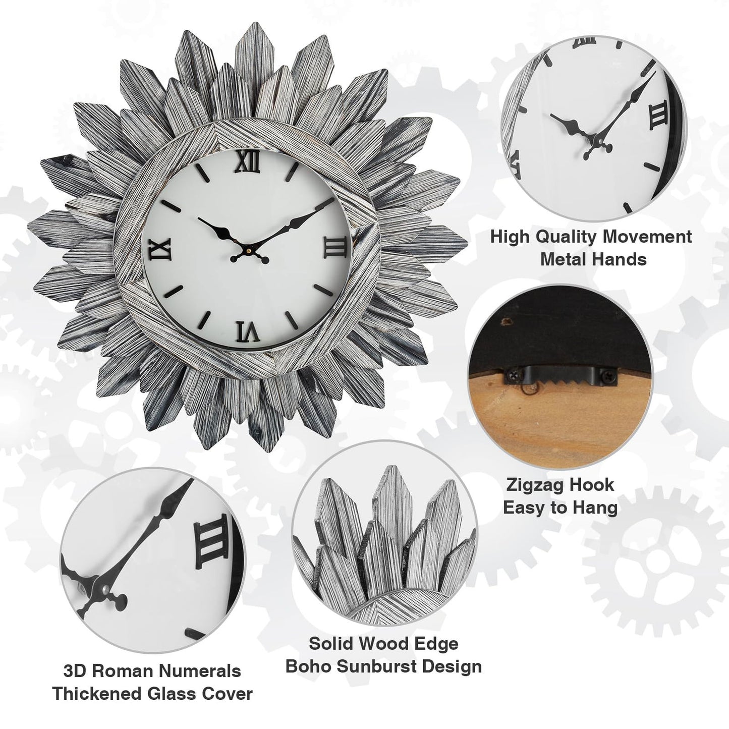 24'' Large Wall Clock for Living Room Deco Boho Sunburst Decorative Big Oversized Silent Battery Operated Farmhouse Wood Wall Clock for Office Home Dinning Room Bedroom Kitchen, Tricolor - DigiVirt