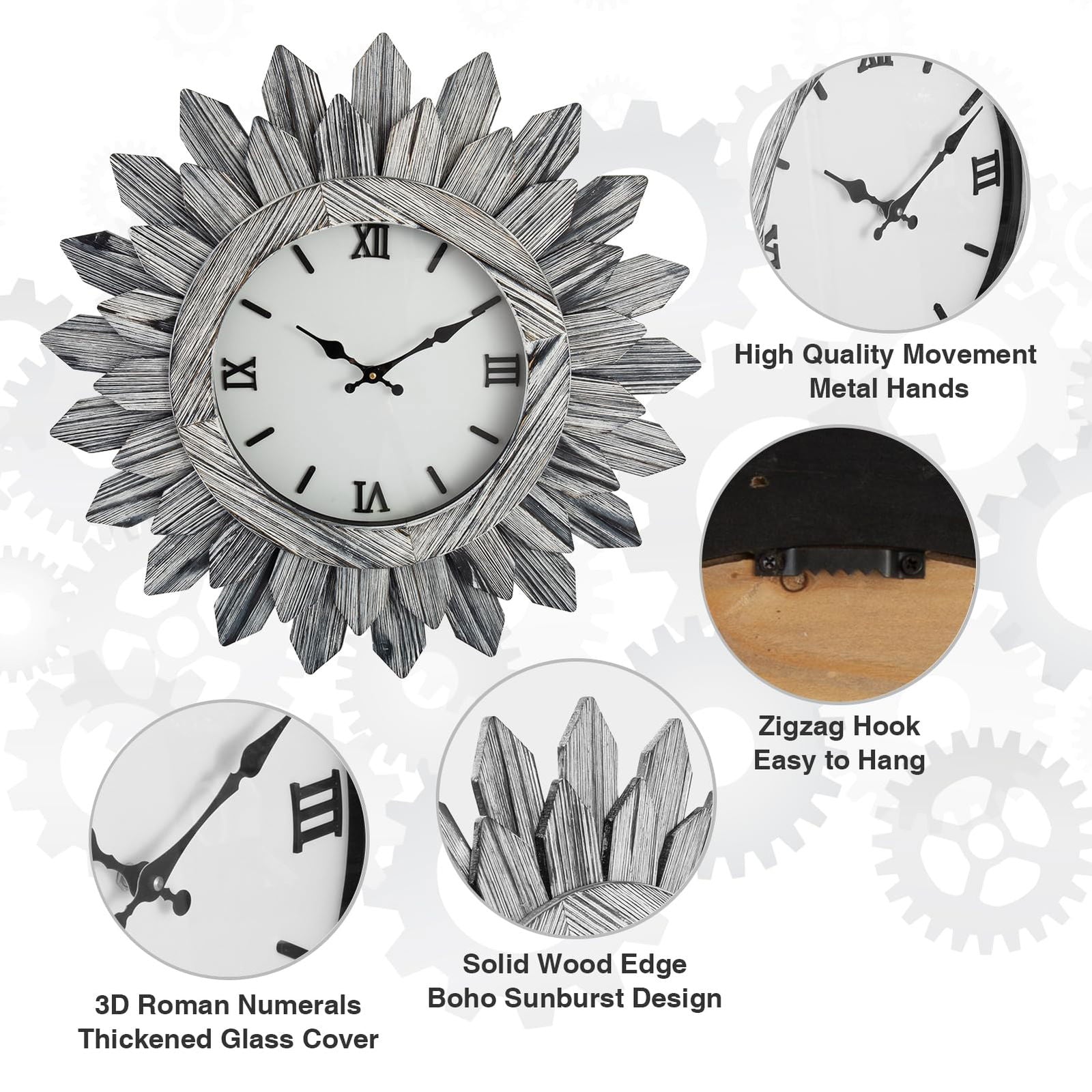 24'' Large Wall Clock for Living Room Deco Boho Sunburst Decorative Big Oversized Silent Battery Operated Farmhouse Wood Wall Clock for Office Home Dinning Room Bedroom Kitchen, Tricolor - DigiVirt