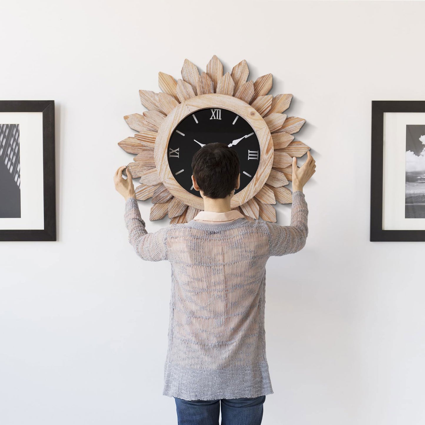24'' Large Wall Clock for Living Room Deco Boho Sunburst Decorative Big Oversized Silent Battery Operated Farmhouse Wood Wall Clock for Office Home Dinning Room Bedroom Kitchen, Tricolor - DigiVirt