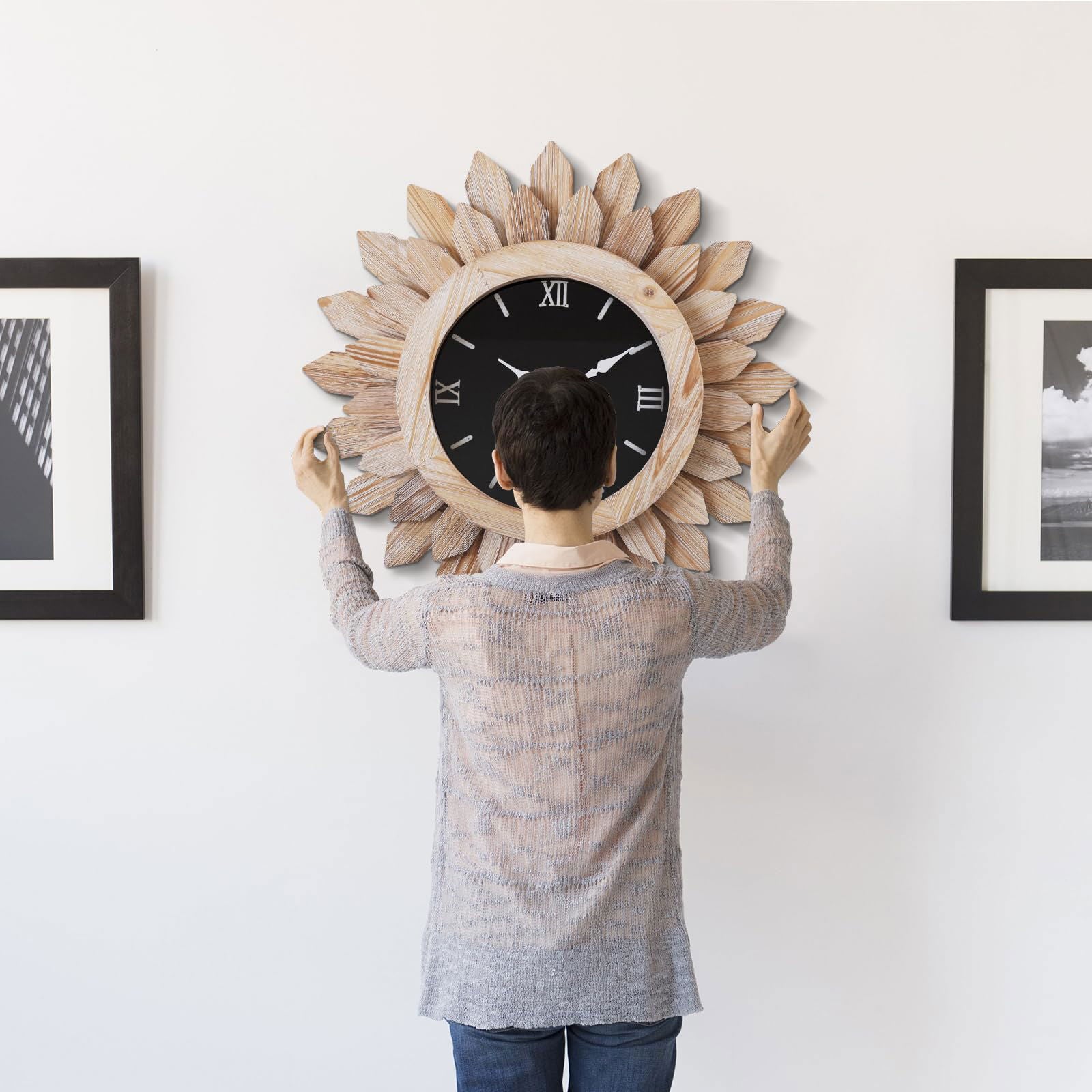24'' Large Wall Clock for Living Room Deco Boho Sunburst Decorative Big Oversized Silent Battery Operated Farmhouse Wood Wall Clock for Office Home Dinning Room Bedroom Kitchen, Tricolor - DigiVirt