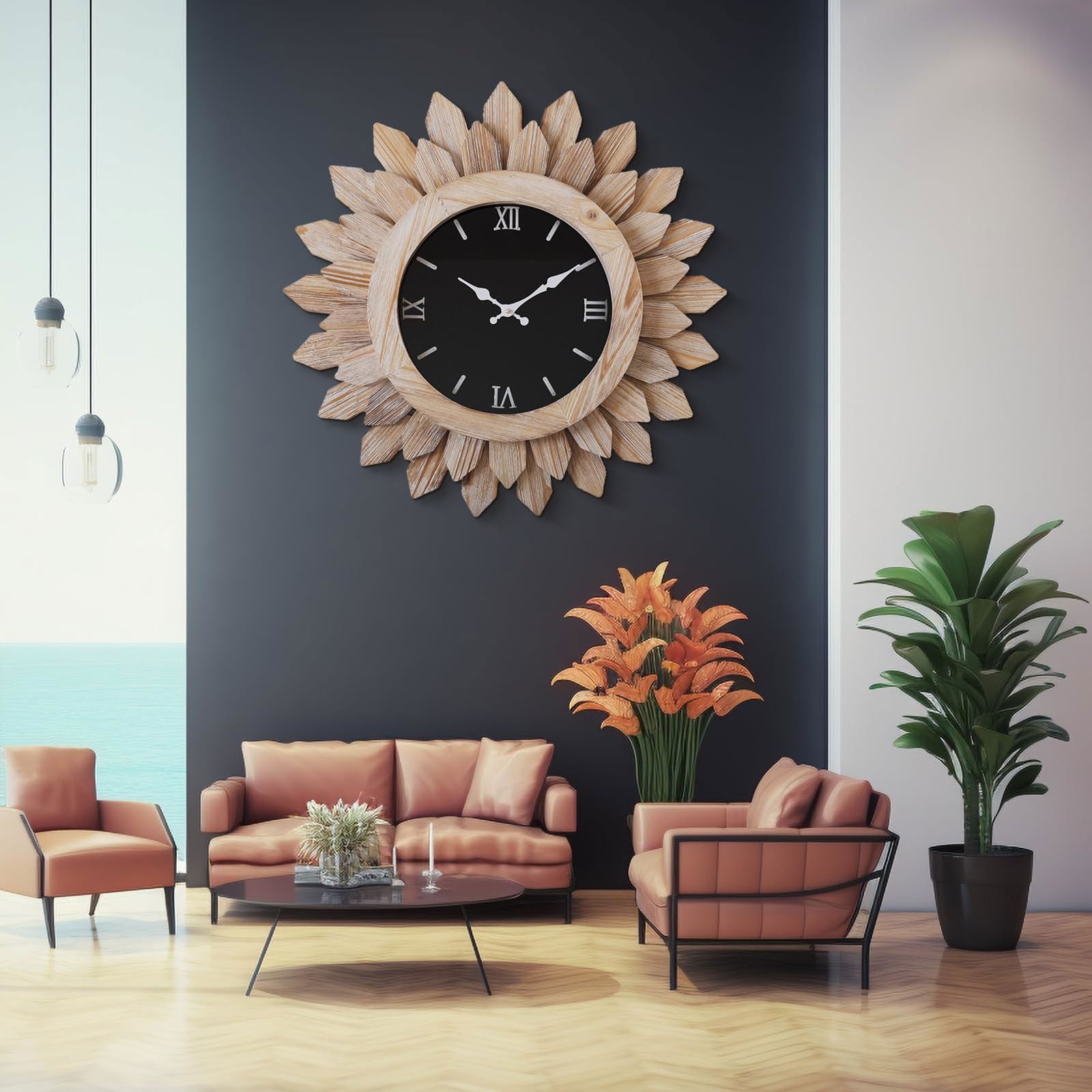 24'' Large Wall Clock for Living Room Deco Boho Sunburst Decorative Big Oversized Silent Battery Operated Farmhouse Wood Wall Clock for Office Home Dinning Room Bedroom Kitchen, Tricolor - DigiVirt
