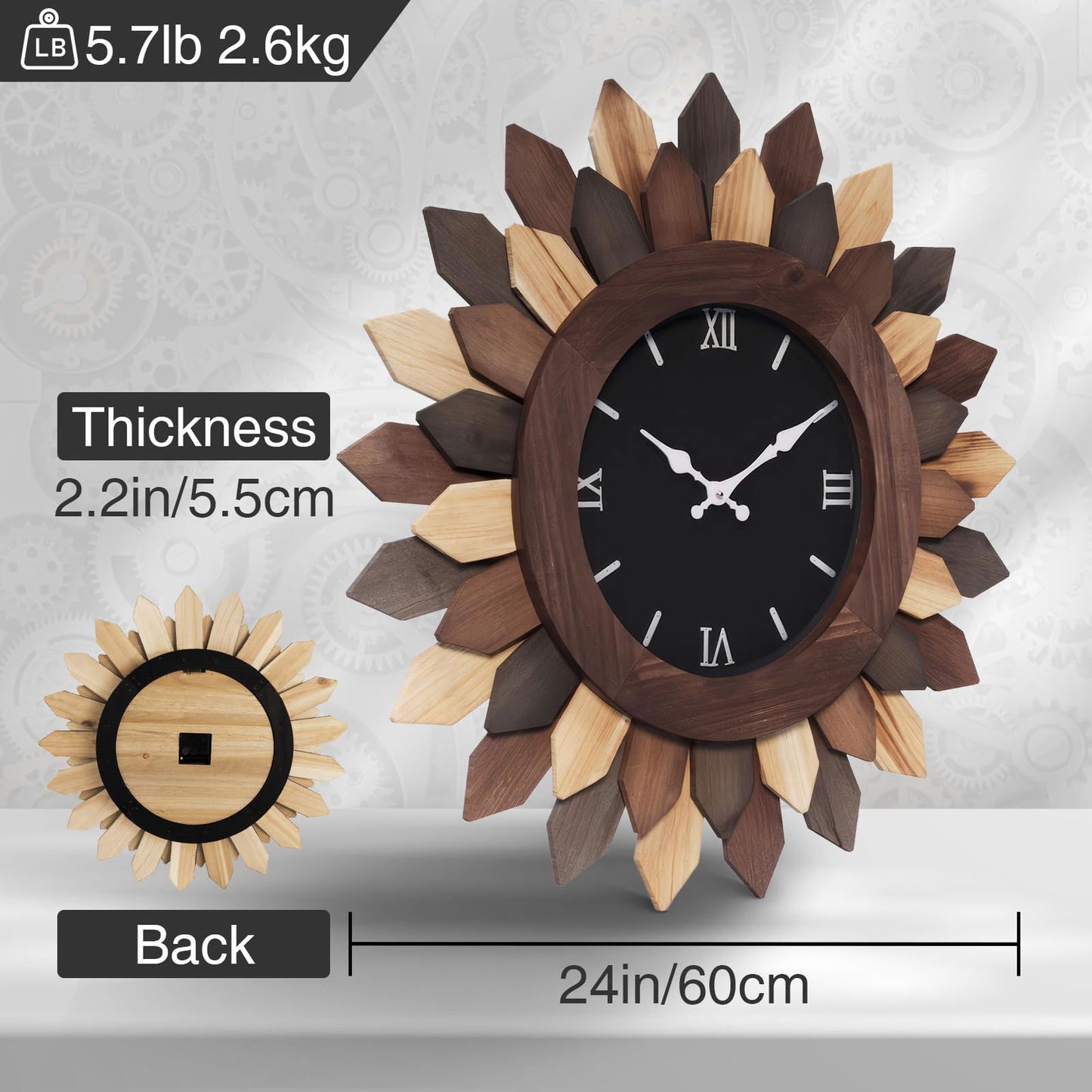 24'' Large Wall Clock for Living Room Deco Boho Sunburst Decorative Big Oversized Silent Battery Operated Farmhouse Wood Wall Clock for Office Home Dinning Room Bedroom Kitchen, Tricolor - DigiVirt
