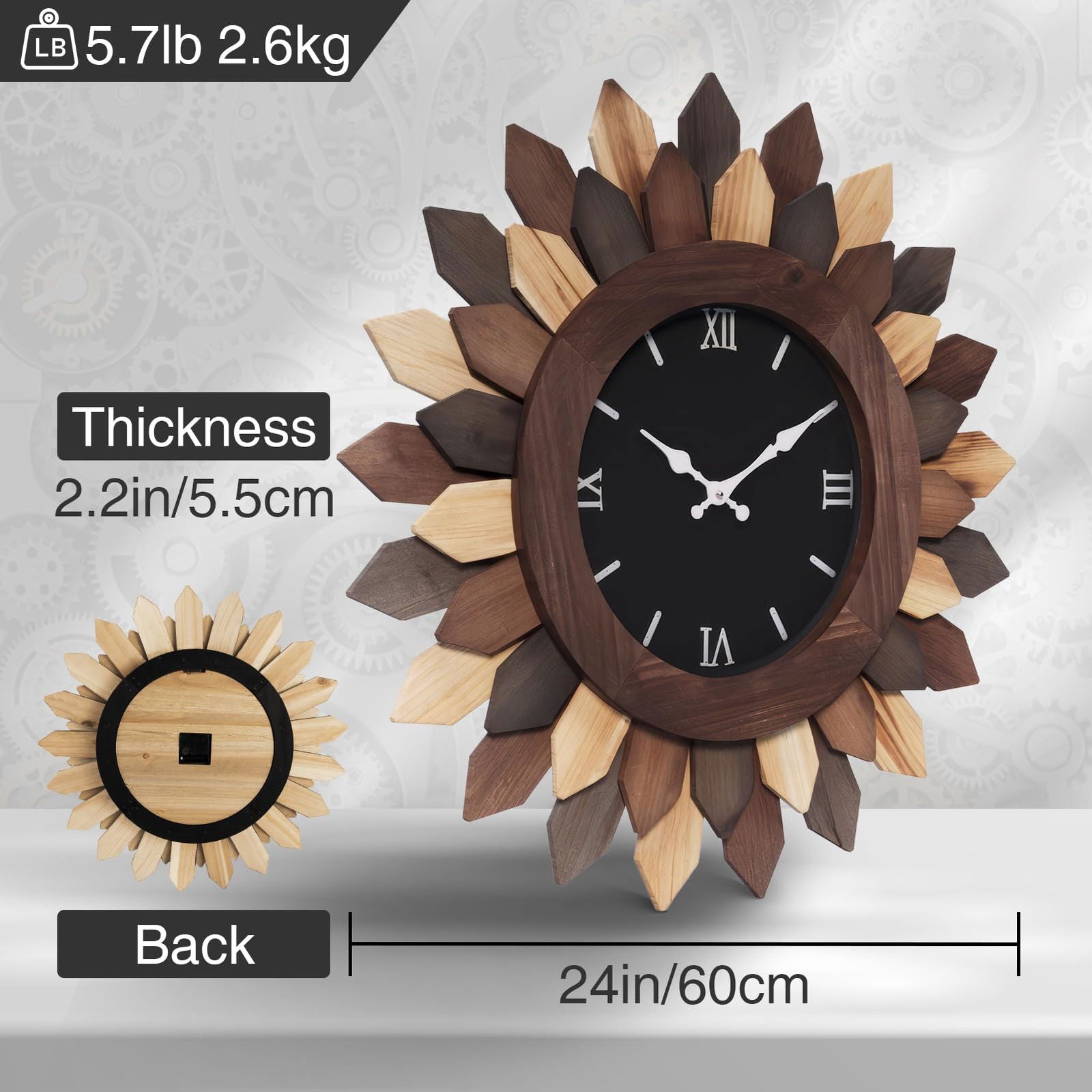 24'' Large Wall Clock for Living Room Deco Boho Sunburst Decorative Big Oversized Silent Battery Operated Farmhouse Wood Wall Clock for Office Home Dinning Room Bedroom Kitchen, Tricolor - DigiVirt