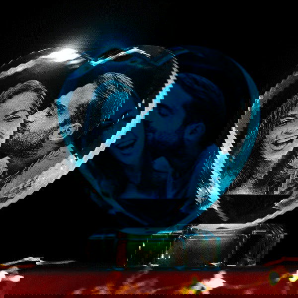 3D Laser Engraved Heart Crystal Photo Frame with Light Up LED Base - DigiVirt