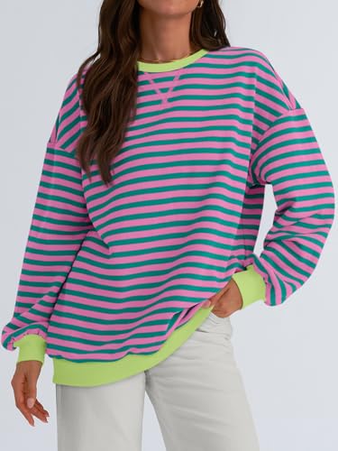 Trendy Queen Oversized Sweatshirt for Women 2024 Fall Crewneck Striped Long Sleeve Shirts Hoodies Preppy Top Y2K Outfits