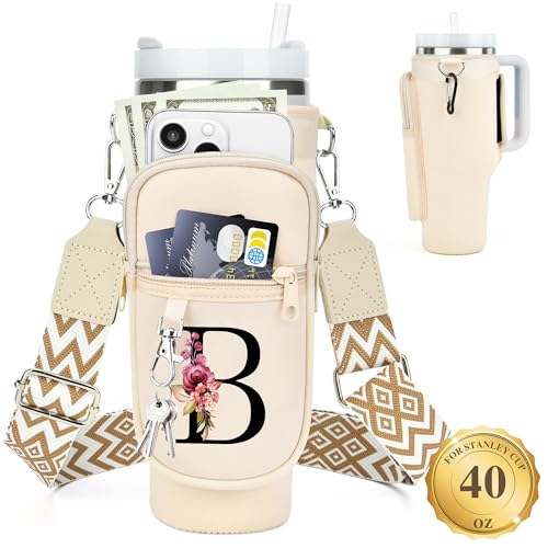 Water Bottle Holder with Strap for Stanley 40 oz Tumbler, for Simple Modern 40 oz Tumbler, Graduation Gift with Phone Pocket, Carabiner, Personalized Gift Initials for Stanley Cup Accessories