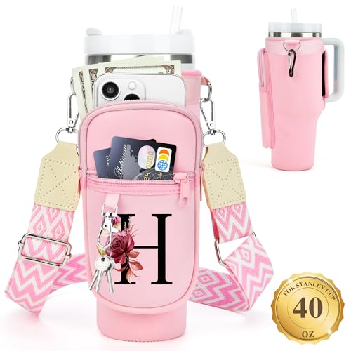 Water Bottle Holder with Strap for Stanley 40 oz Tumbler, for Simple Modern 40 oz Tumbler, Graduation Gift with Phone Pocket, Carabiner, Personalized Gift Initials for Stanley Cup Accessories