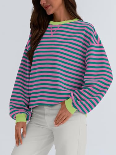 Trendy Queen Oversized Sweatshirt for Women 2024 Fall Crewneck Striped Long Sleeve Shirts Hoodies Preppy Top Y2K Outfits