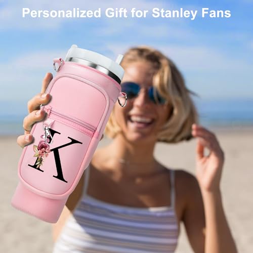 Water Bottle Holder with Strap for Stanley 40 oz Tumbler, for Simple Modern 40 oz Tumbler, Graduation Gift with Phone Pocket, Carabiner, Personalized Gift Initials for Stanley Cup Accessories