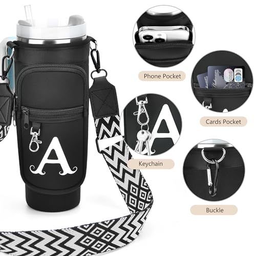 Water Bottle Holder with Strap for Stanley 40 oz Tumbler, for Simple Modern 40 oz Tumbler, Graduation Gift with Phone Pocket, Carabiner, Personalized Gift Initials for Stanley Cup Accessories