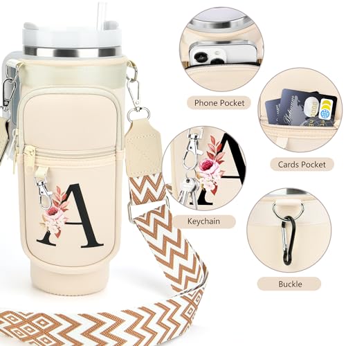 Water Bottle Holder with Strap for Stanley 40 oz Tumbler, for Simple Modern 40 oz Tumbler, Graduation Gift with Phone Pocket, Carabiner, Personalized Gift Initials for Stanley Cup Accessories