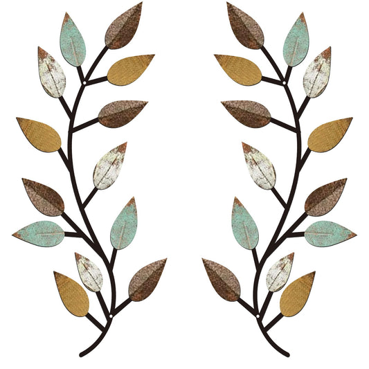 Metal Tree Leaf Wall Decor 2 Pieces Vine Olive Branch Leaf Wall Art Wrought Iron Scroll Above The Bed, Living Room, Outdoor Decoration (Bright Colors)