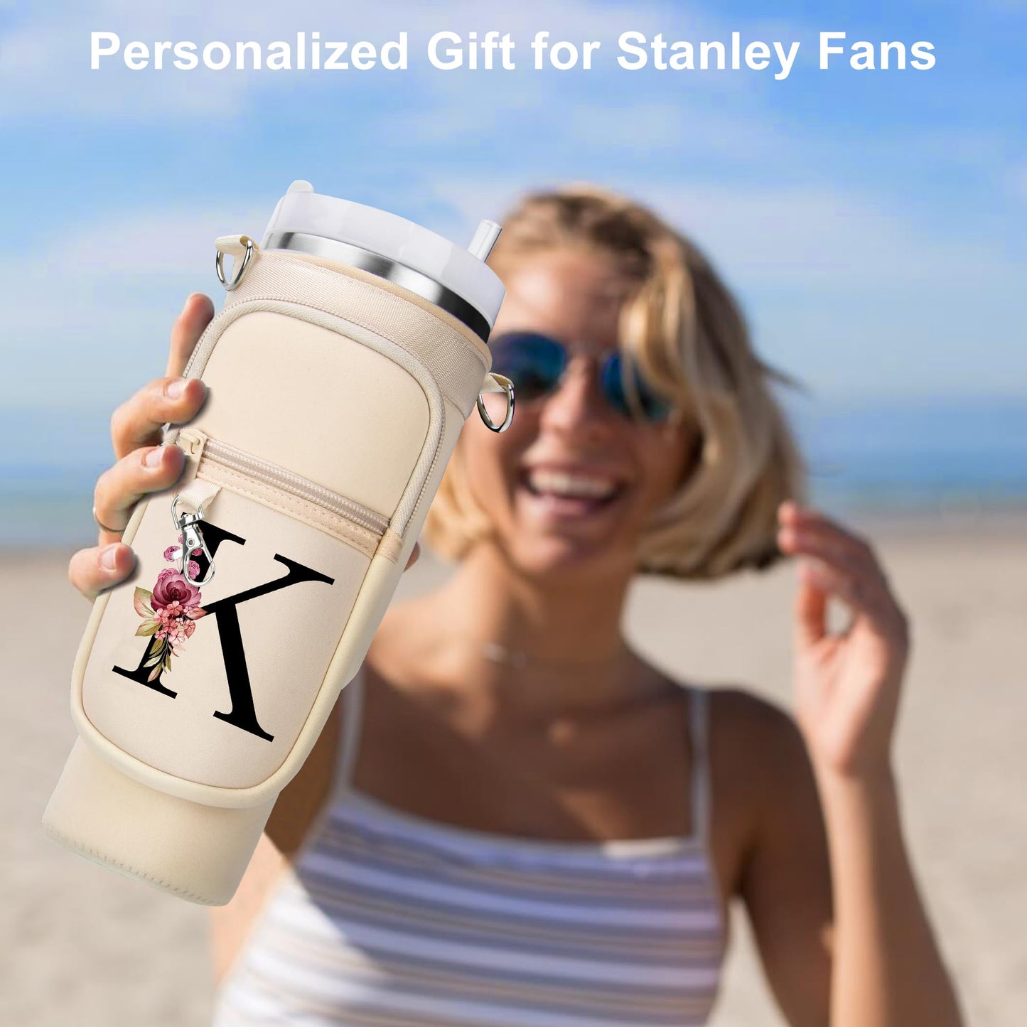 Water Bottle Holder with Strap for Stanley 40 oz Tumbler, for Simple Modern 40 oz Tumbler, Graduation Gift with Phone Pocket, Carabiner, Personalized Gift Initials for Stanley Cup Accessories