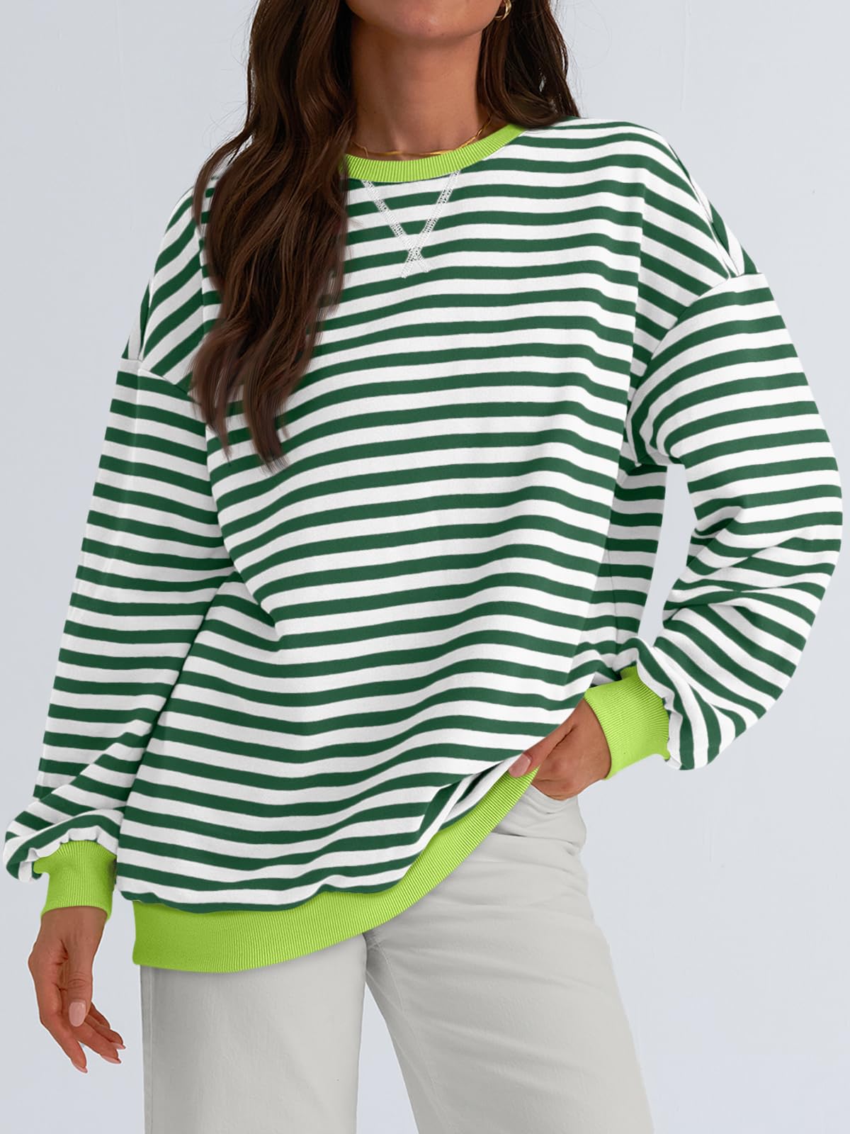 Trendy Queen Oversized Sweatshirt for Women 2024 Fall Crewneck Striped Long Sleeve Shirts Hoodies Preppy Top Y2K Outfits