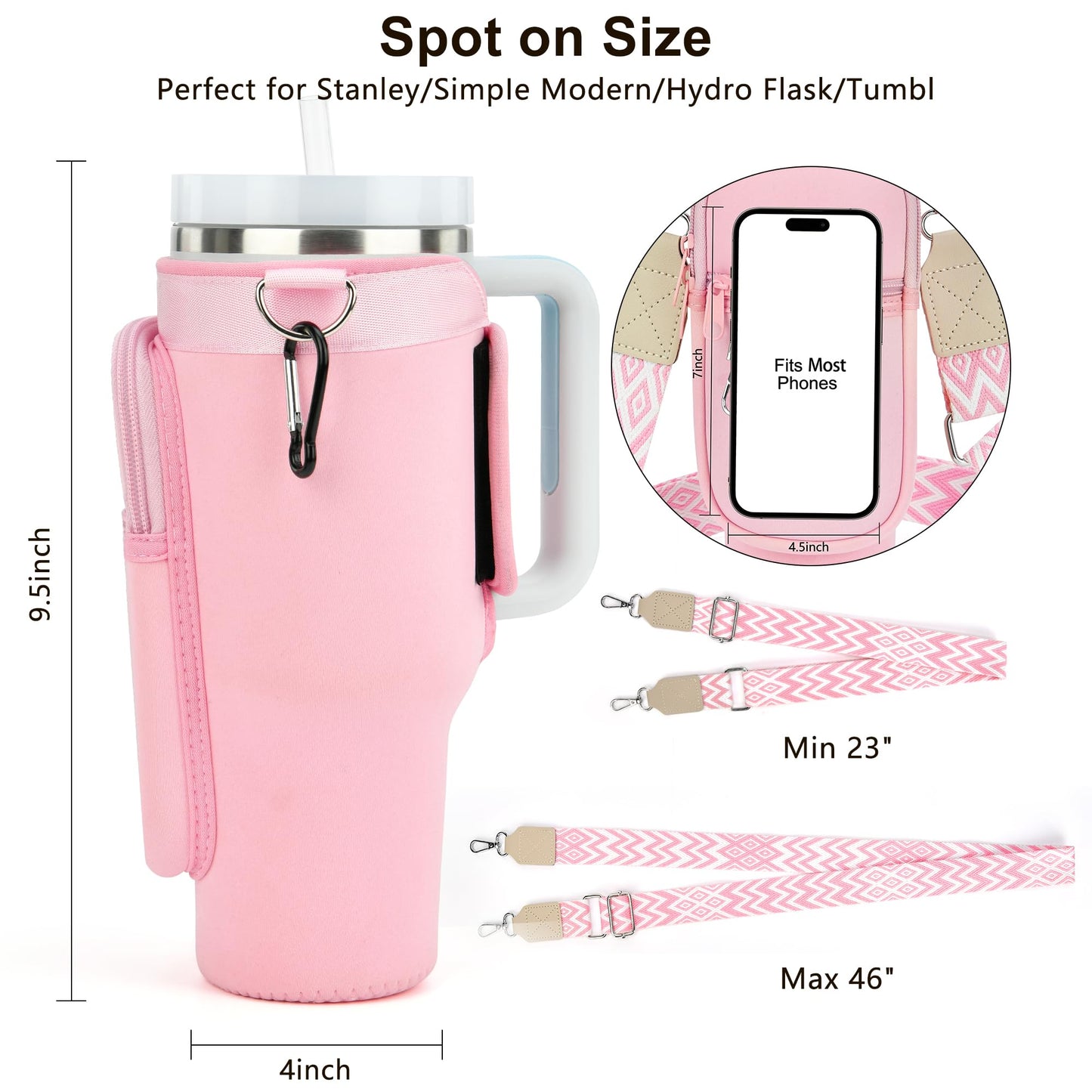 Water Bottle Holder with Strap for Stanley 40 oz Tumbler, for Simple Modern 40 oz Tumbler, Graduation Gift with Phone Pocket, Carabiner, Personalized Gift Initials for Stanley Cup Accessories