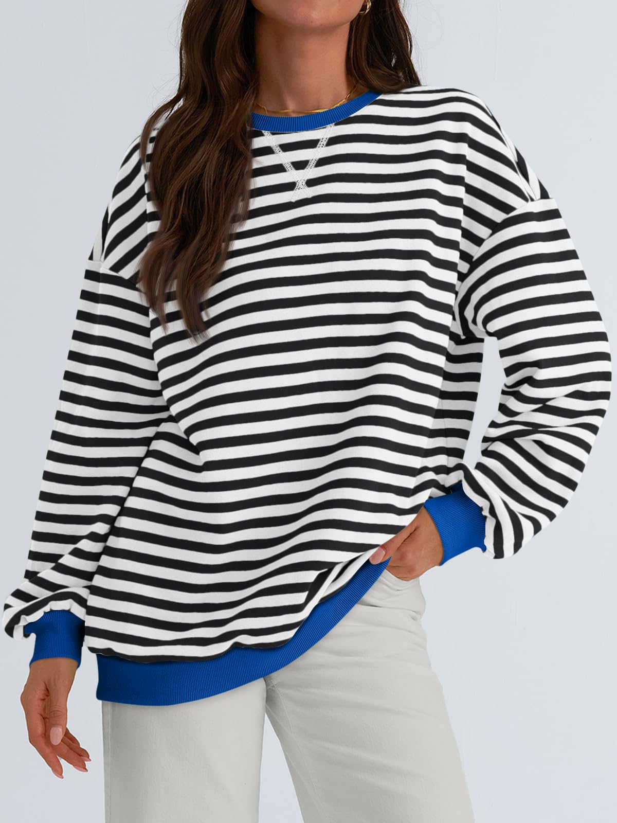 Trendy Queen Oversized Sweatshirt for Women 2024 Fall Crewneck Striped Long Sleeve Shirts Hoodies Preppy Top Y2K Outfits