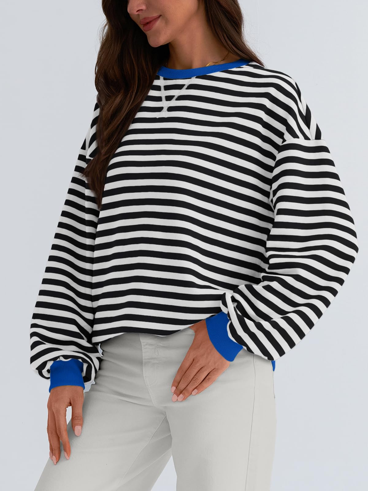 Trendy Queen Oversized Sweatshirt for Women 2024 Fall Crewneck Striped Long Sleeve Shirts Hoodies Preppy Top Y2K Outfits