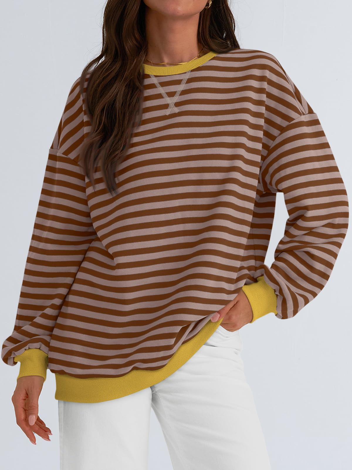 Trendy Queen Oversized Sweatshirt for Women 2024 Fall Crewneck Striped Long Sleeve Shirts Hoodies Preppy Top Y2K Outfits