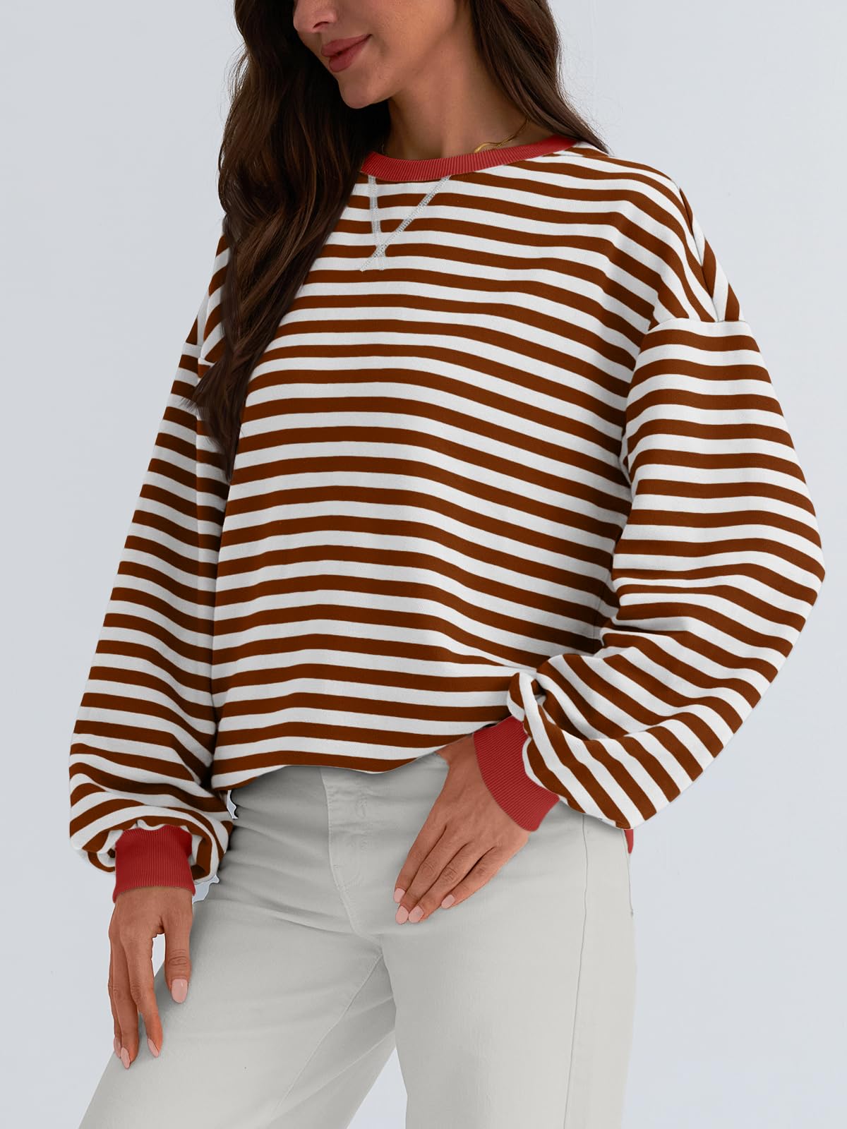 Trendy Queen Oversized Sweatshirt for Women 2024 Fall Crewneck Striped Long Sleeve Shirts Hoodies Preppy Top Y2K Outfits