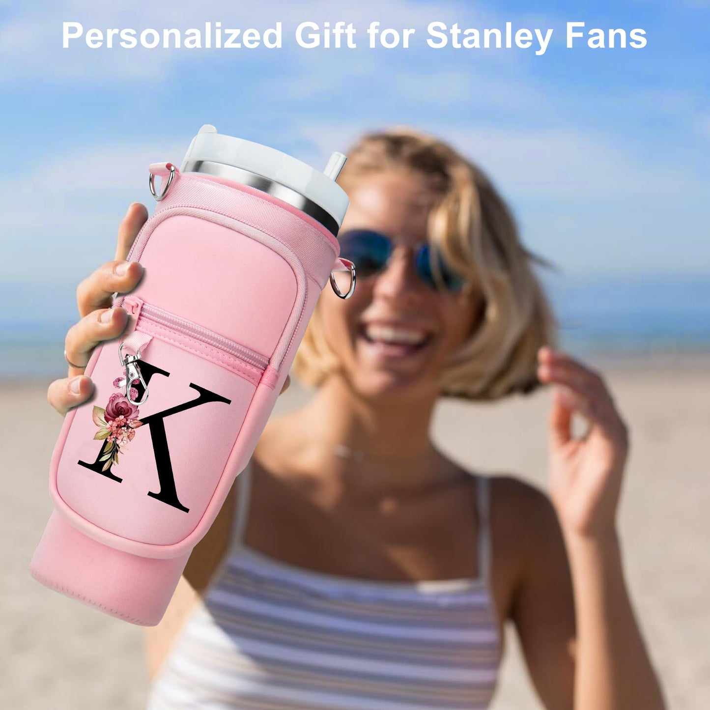 Water Bottle Holder with Strap for Stanley 40 oz Tumbler, for Simple Modern 40 oz Tumbler, Graduation Gift with Phone Pocket, Carabiner, Personalized Gift Initials for Stanley Cup Accessories