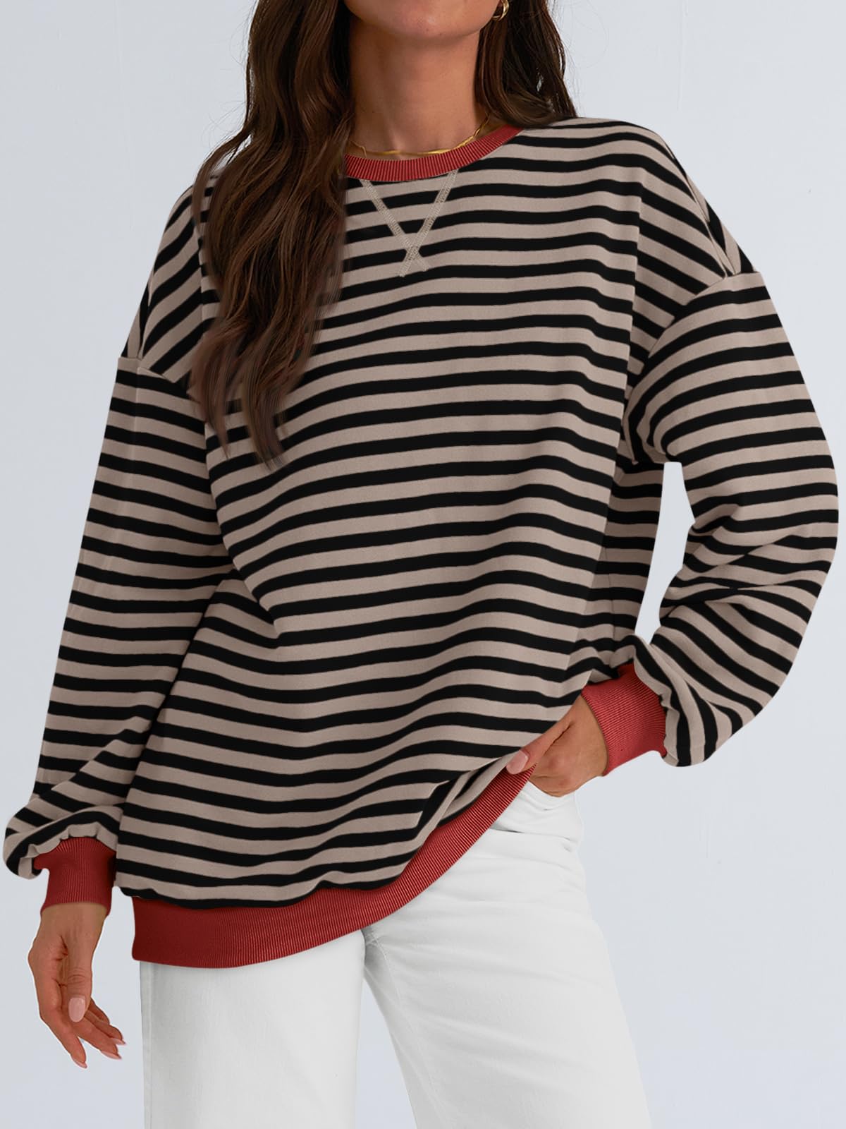 Trendy Queen Oversized Sweatshirt for Women 2024 Fall Crewneck Striped Long Sleeve Shirts Hoodies Preppy Top Y2K Outfits