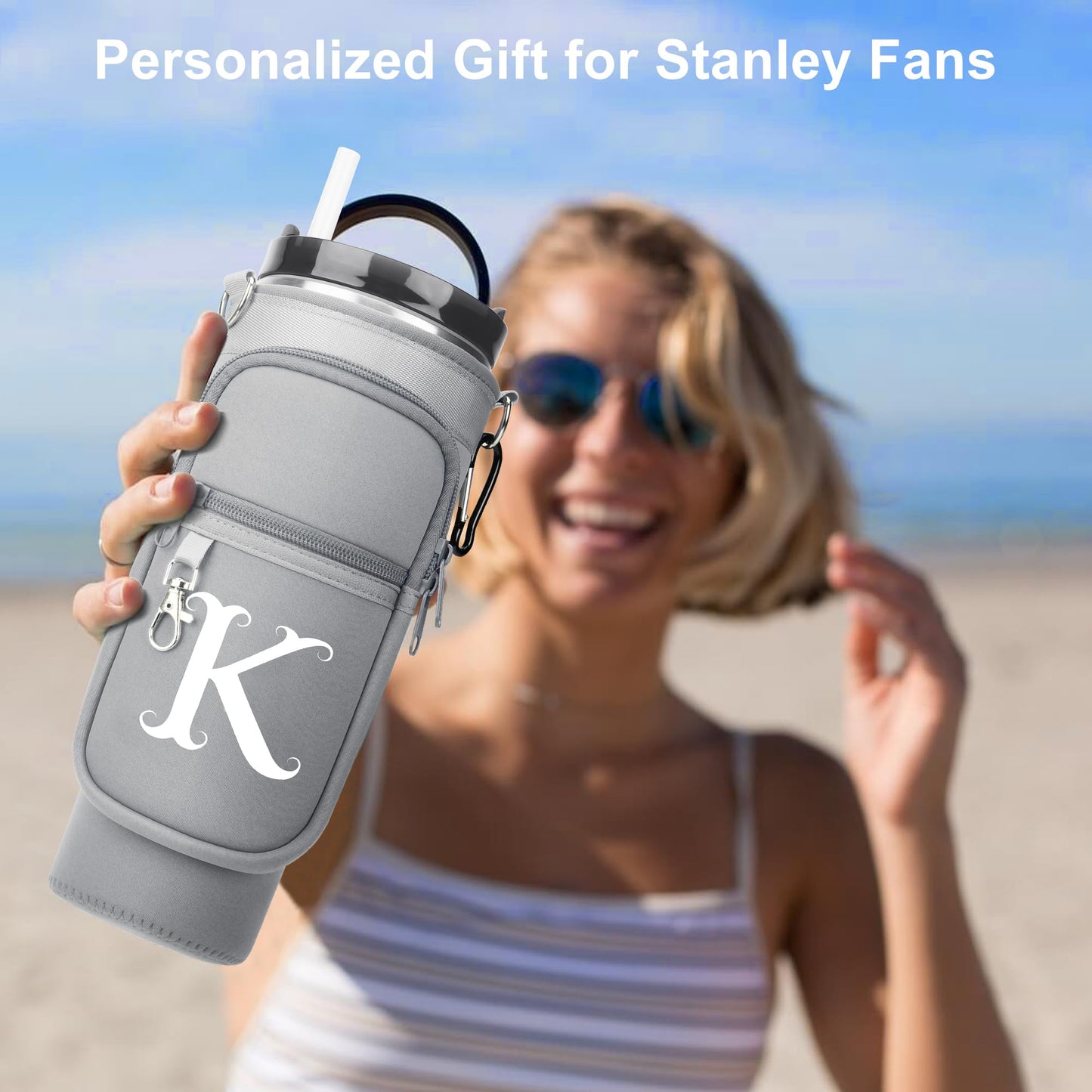 Water Bottle Holder with Strap for Stanley 40 oz Tumbler, for Simple Modern 40 oz Tumbler, Graduation Gift with Phone Pocket, Carabiner, Personalized Gift Initials for Stanley Cup Accessories