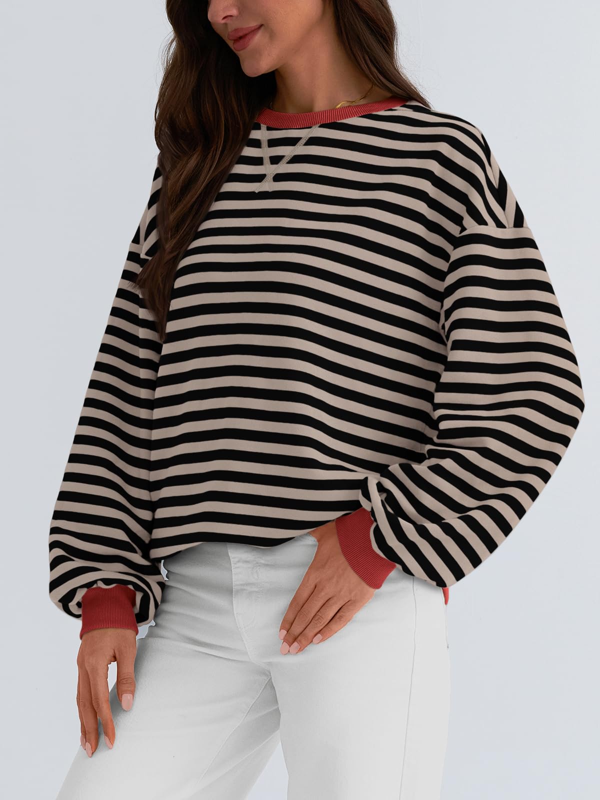 Trendy Queen Oversized Sweatshirt for Women 2024 Fall Crewneck Striped Long Sleeve Shirts Hoodies Preppy Top Y2K Outfits