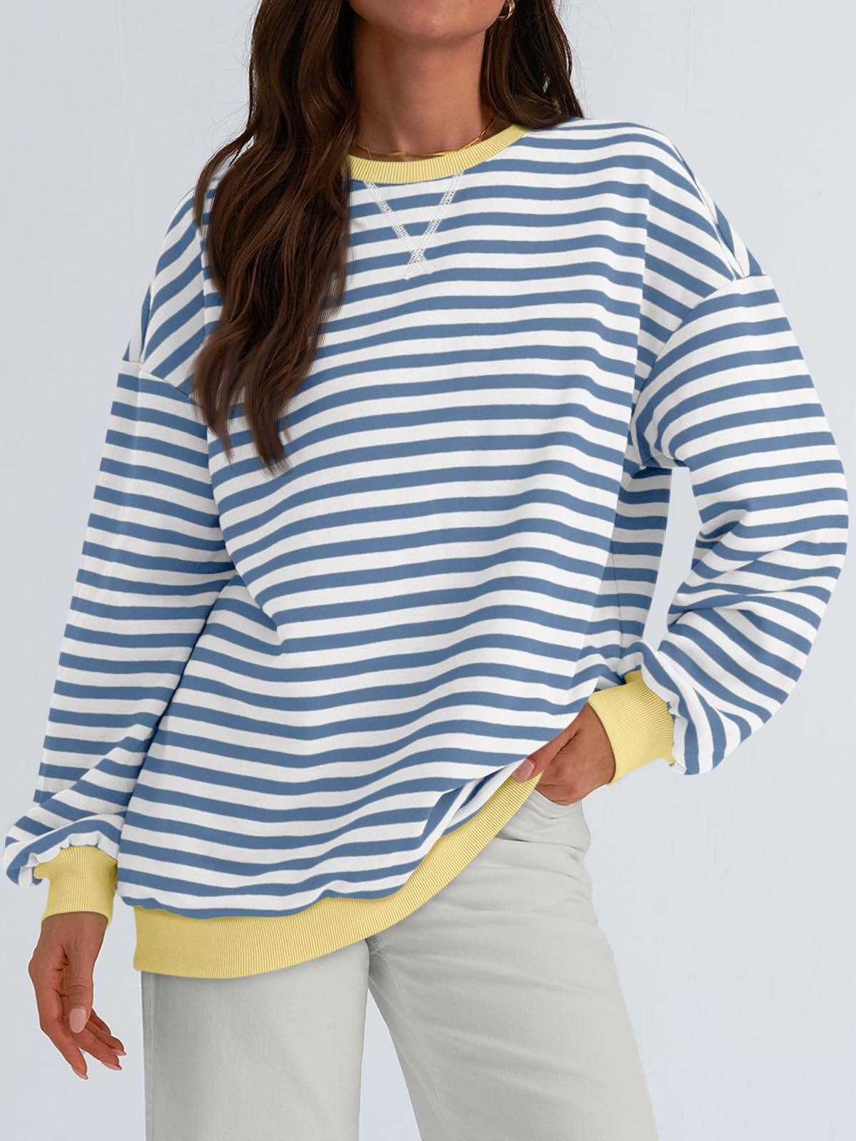 Trendy Queen Oversized Sweatshirt for Women 2024 Fall Crewneck Striped Long Sleeve Shirts Hoodies Preppy Top Y2K Outfits