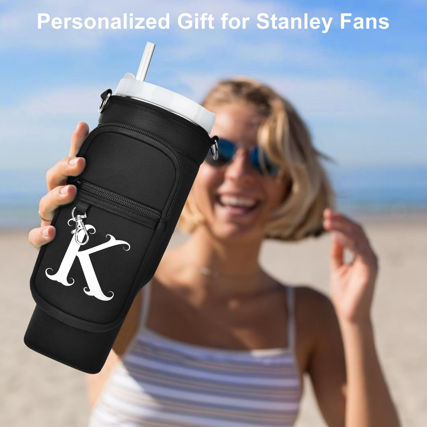 Water Bottle Holder with Strap for Stanley 40 oz Tumbler, for Simple Modern 40 oz Tumbler, Graduation Gift with Phone Pocket, Carabiner, Personalized Gift Initials for Stanley Cup Accessories