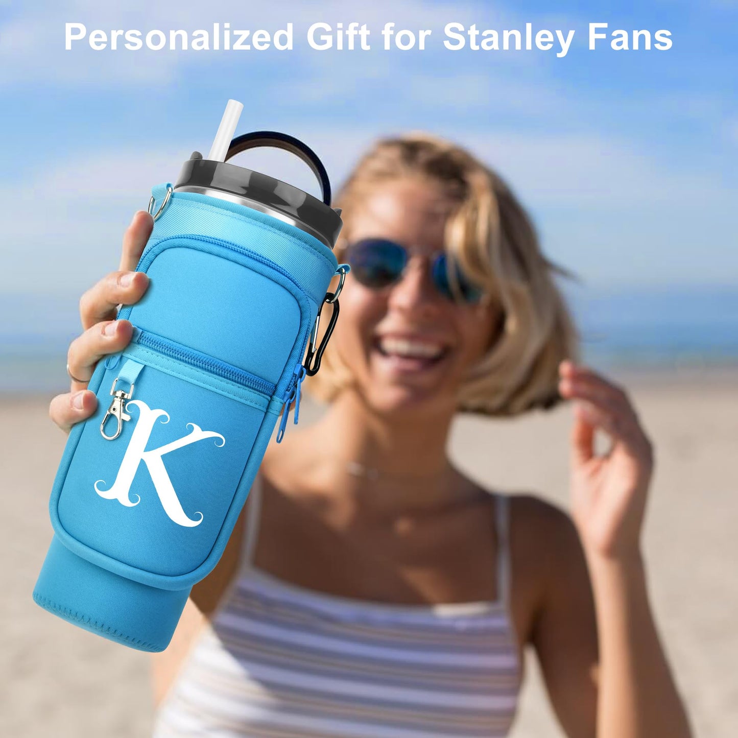 Water Bottle Holder with Strap for Stanley 40 oz Tumbler, for Simple Modern 40 oz Tumbler, Graduation Gift with Phone Pocket, Carabiner, Personalized Gift Initials for Stanley Cup Accessories