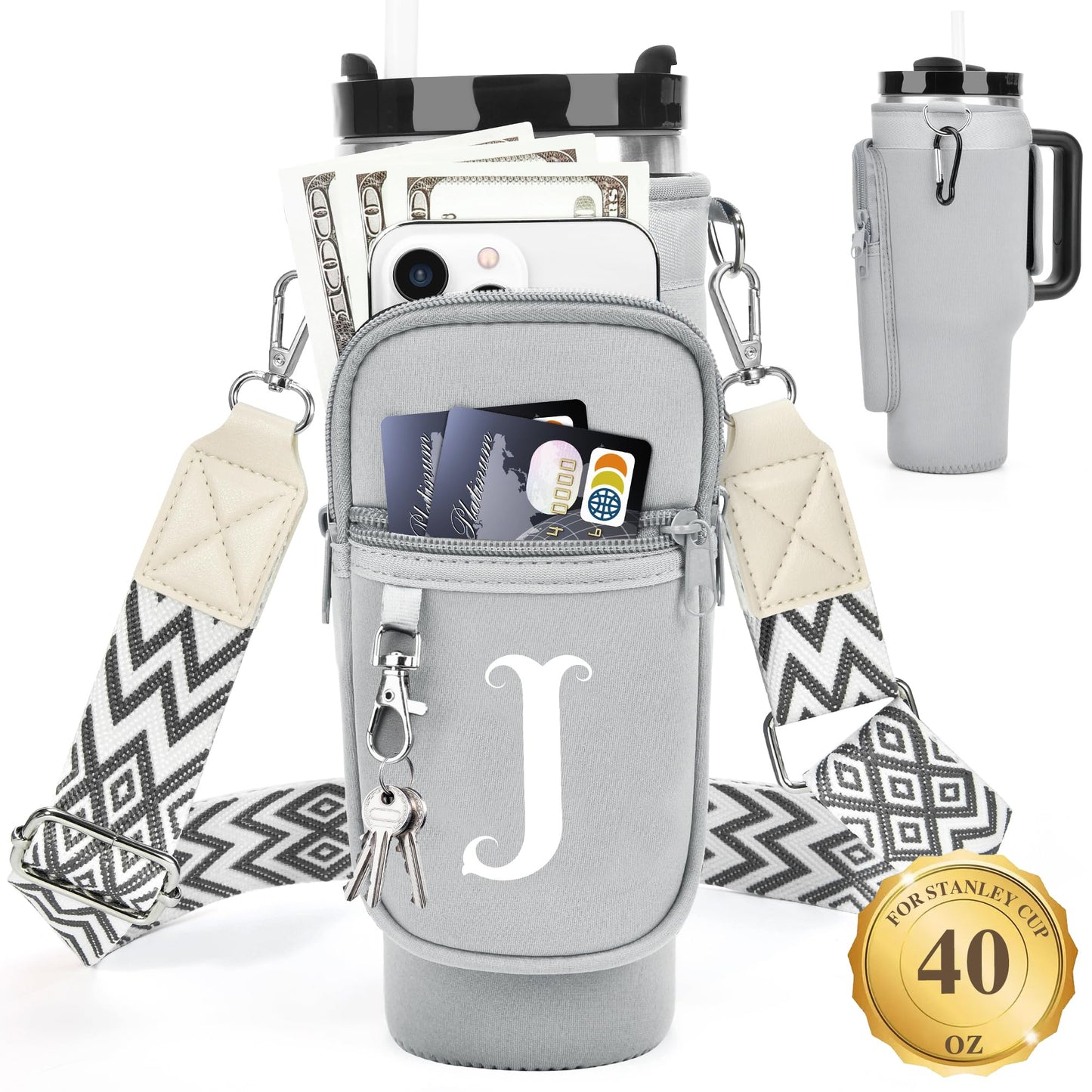 Water Bottle Holder with Strap for Stanley 40 oz Tumbler, for Simple Modern 40 oz Tumbler, Graduation Gift with Phone Pocket, Carabiner, Personalized Gift Initials for Stanley Cup Accessories