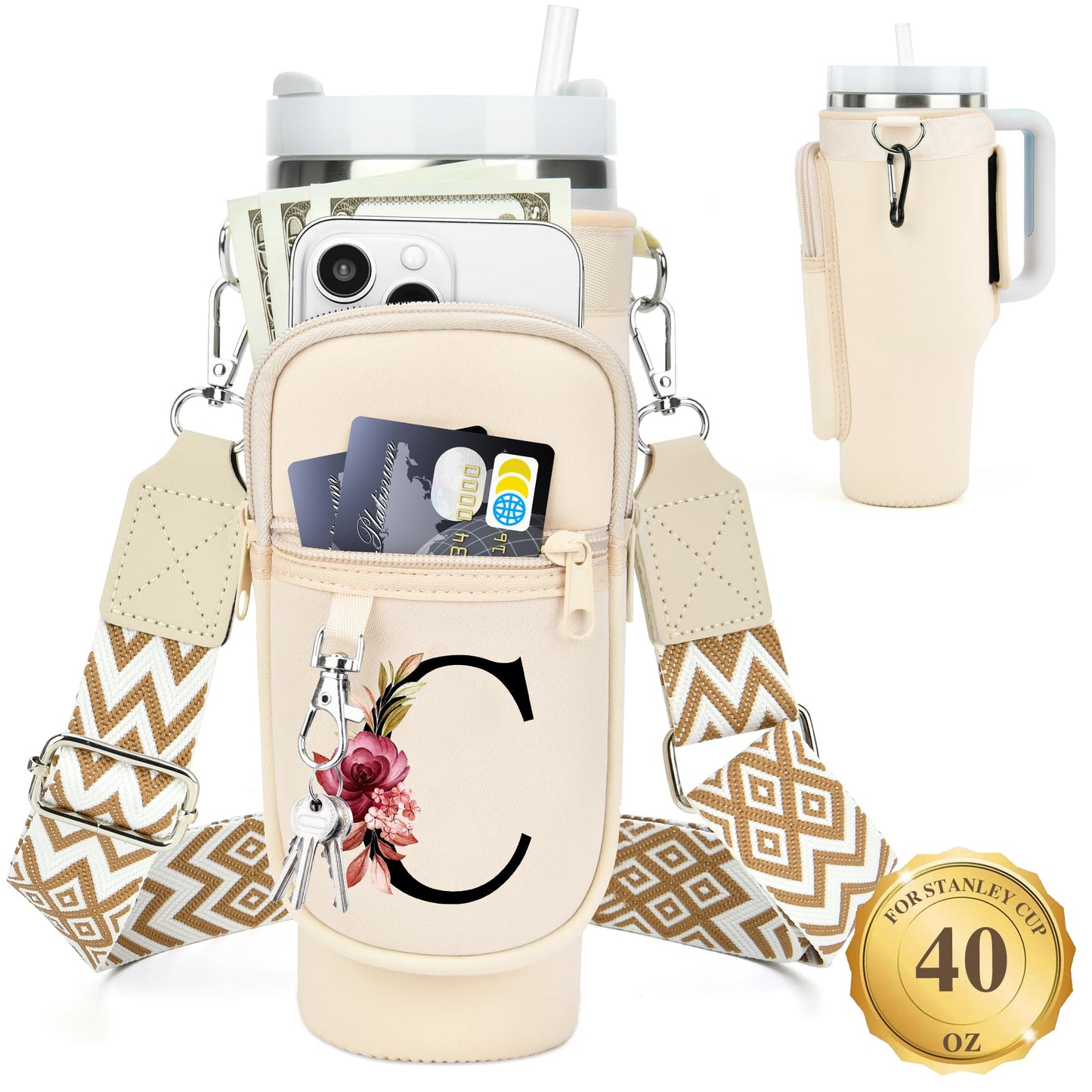 Water Bottle Holder with Strap for Stanley 40 oz Tumbler, for Simple Modern 40 oz Tumbler, Graduation Gift with Phone Pocket, Carabiner, Personalized Gift Initials for Stanley Cup Accessories