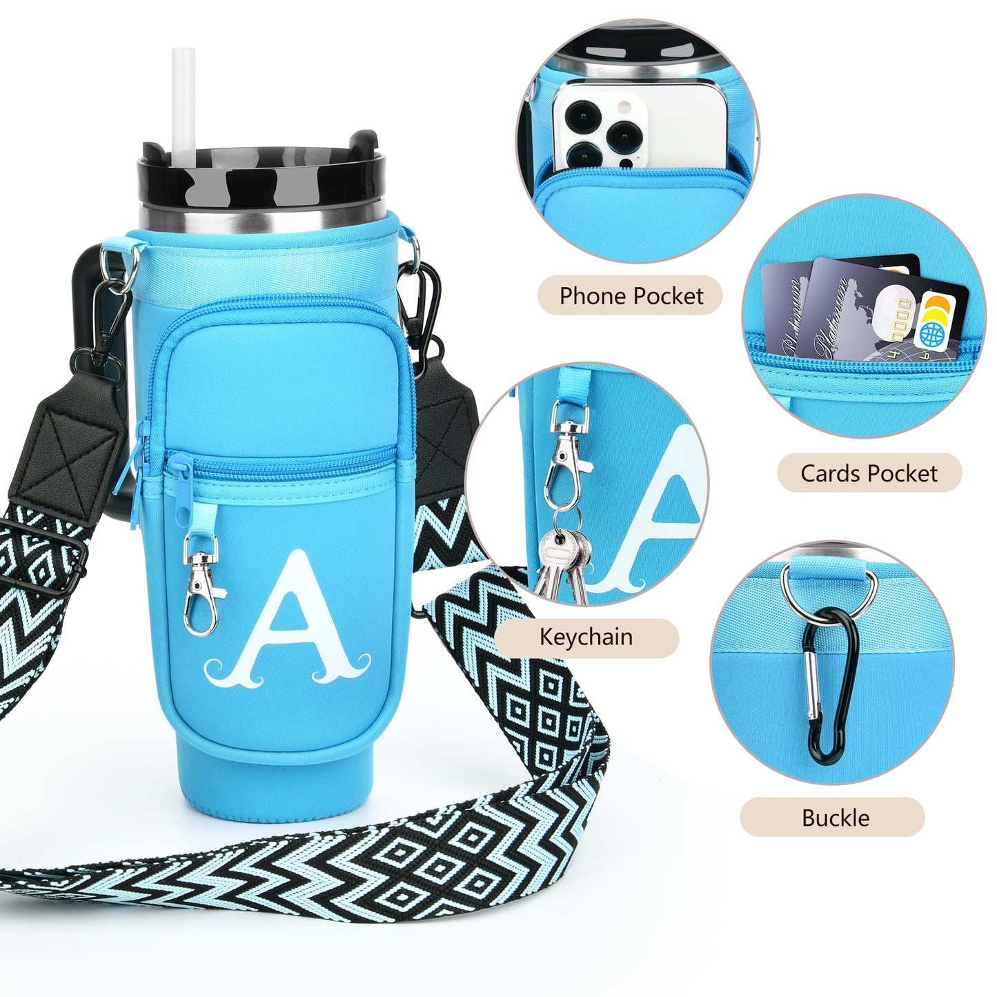 Water Bottle Holder with Strap for Stanley 40 oz Tumbler, for Simple Modern 40 oz Tumbler, Graduation Gift with Phone Pocket, Carabiner, Personalized Gift Initials for Stanley Cup Accessories