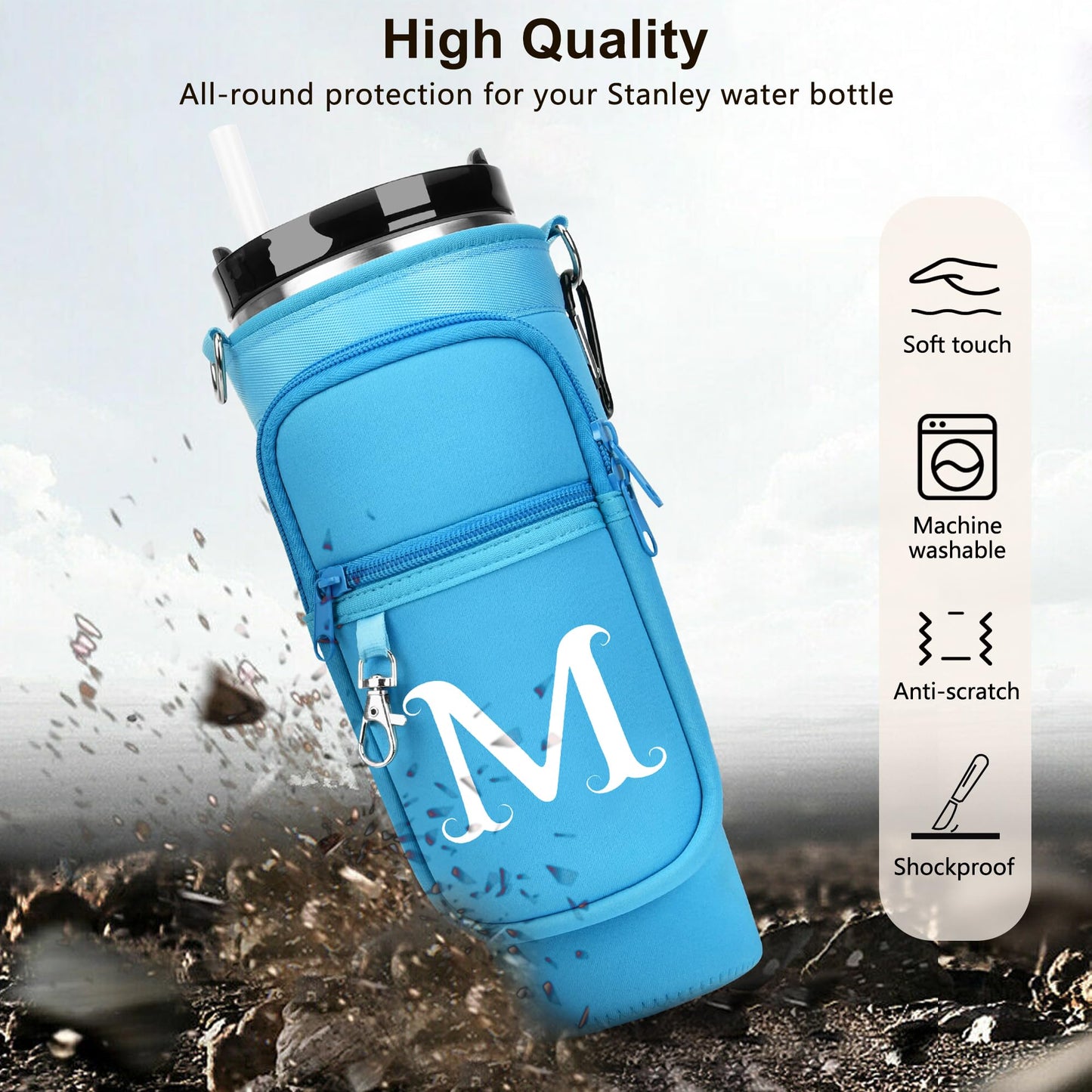 Water Bottle Holder with Strap for Stanley 40 oz Tumbler, for Simple Modern 40 oz Tumbler, Graduation Gift with Phone Pocket, Carabiner, Personalized Gift Initials for Stanley Cup Accessories