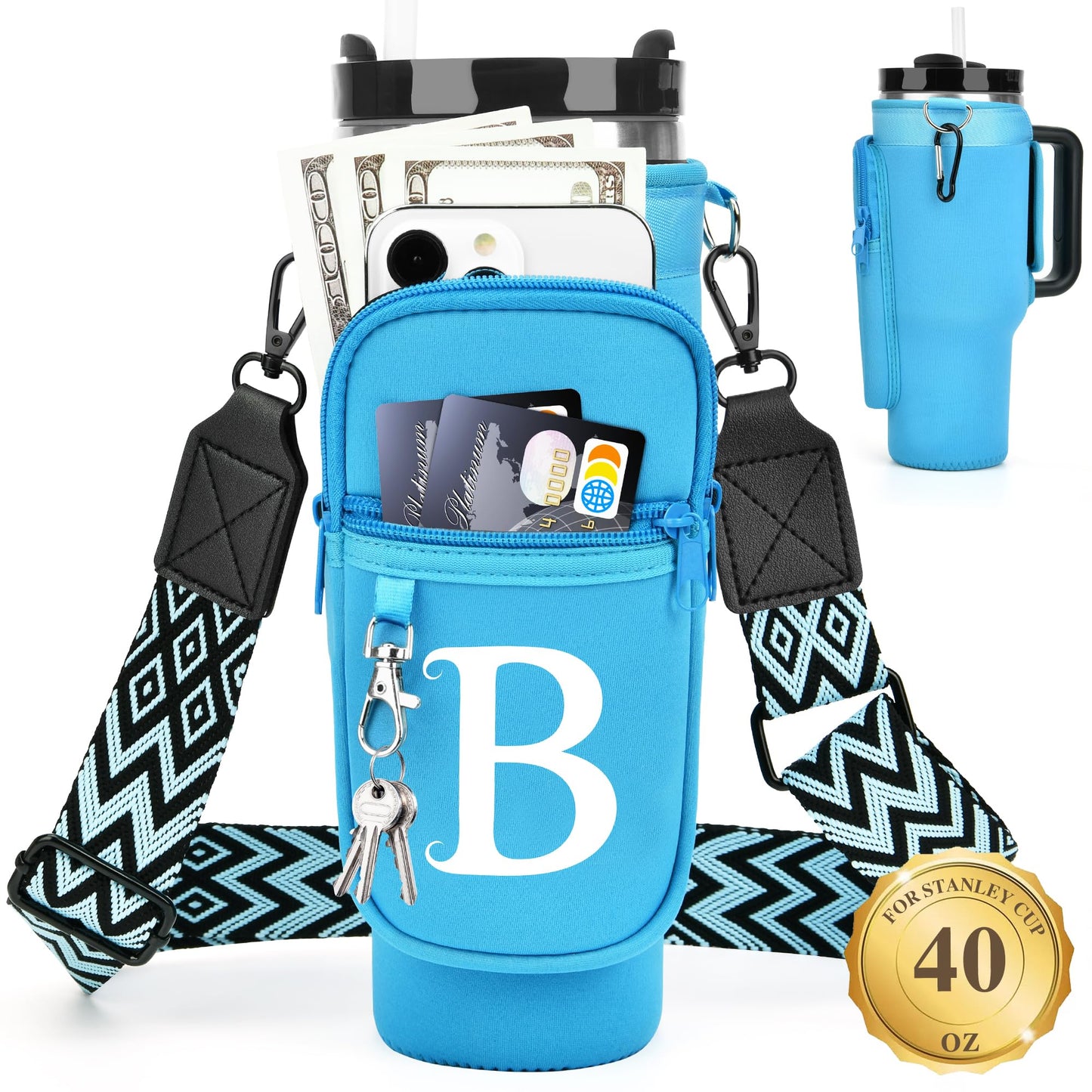 Water Bottle Holder with Strap for Stanley 40 oz Tumbler, for Simple Modern 40 oz Tumbler, Graduation Gift with Phone Pocket, Carabiner, Personalized Gift Initials for Stanley Cup Accessories