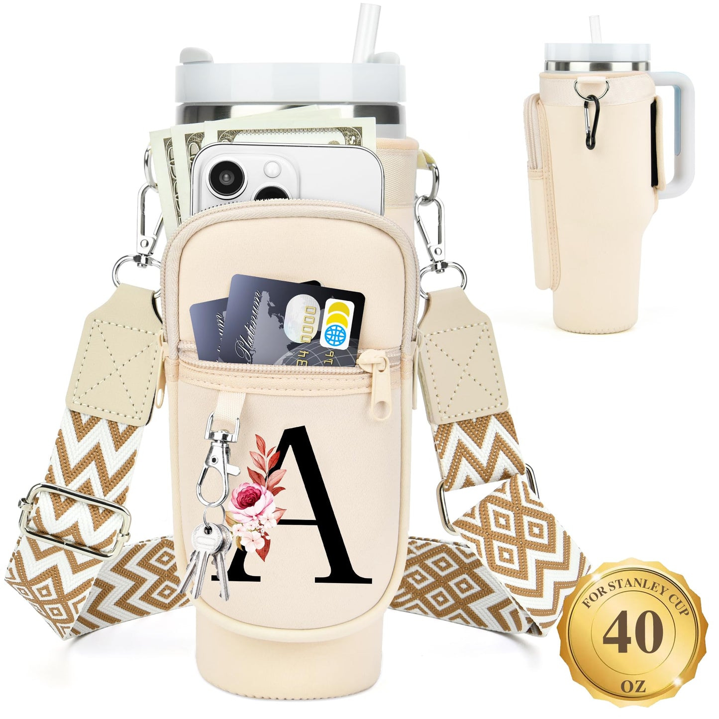 Water Bottle Holder with Strap for Stanley 40 oz Tumbler, for Simple Modern 40 oz Tumbler, Graduation Gift with Phone Pocket, Carabiner, Personalized Gift Initials for Stanley Cup Accessories