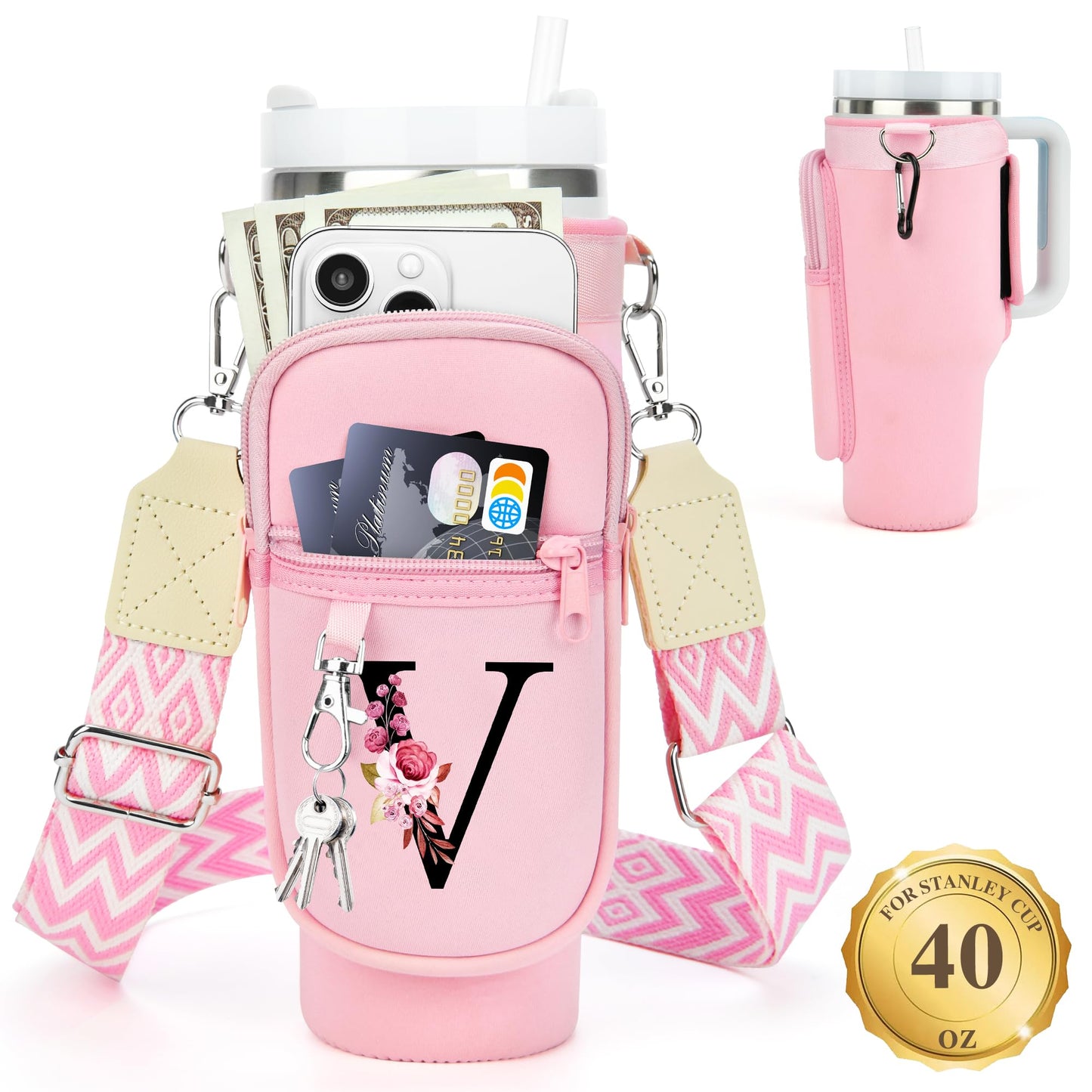 Water Bottle Holder with Strap for Stanley 40 oz Tumbler, for Simple Modern 40 oz Tumbler, Graduation Gift with Phone Pocket, Carabiner, Personalized Gift Initials for Stanley Cup Accessories