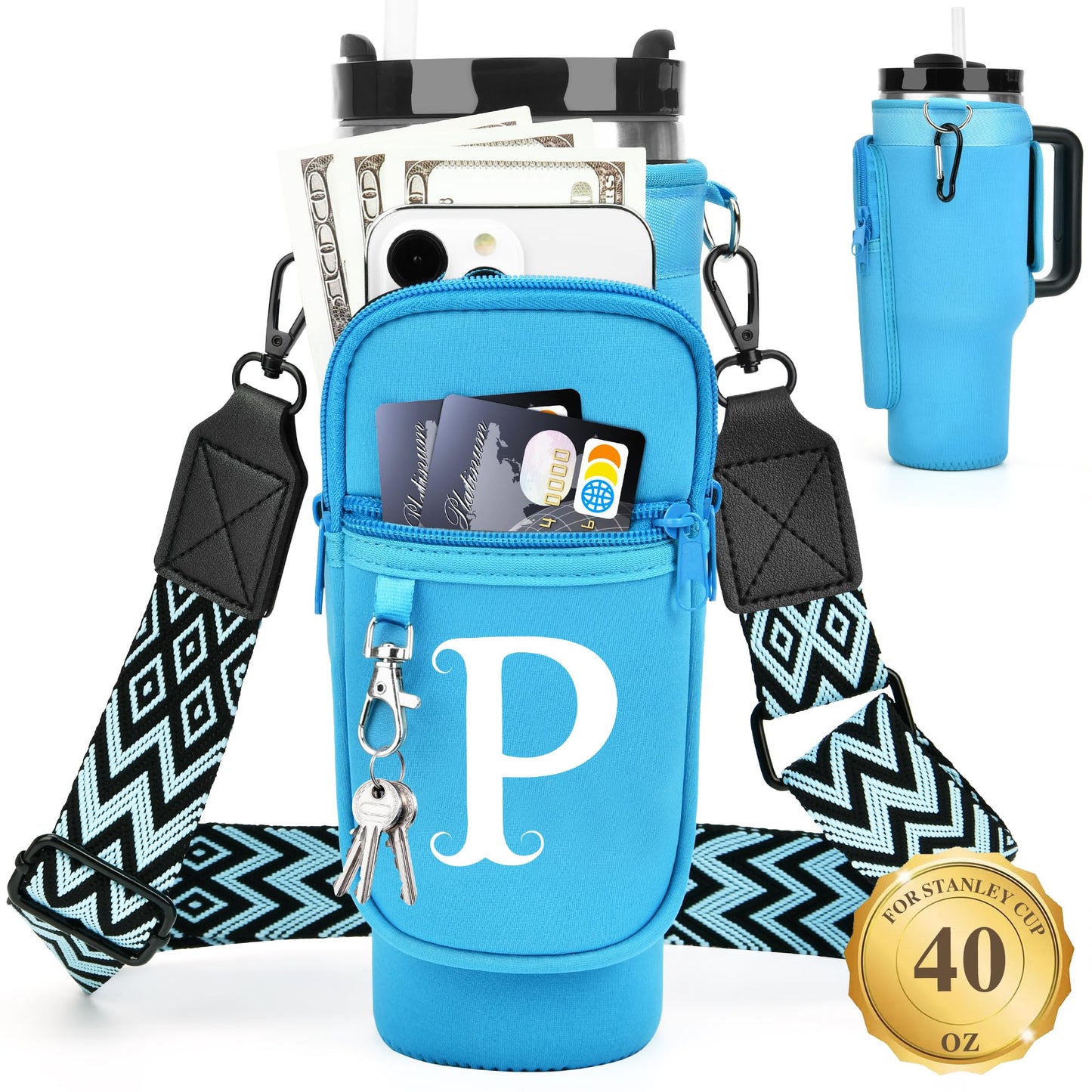 Water Bottle Holder with Strap for Stanley 40 oz Tumbler, for Simple Modern 40 oz Tumbler, Graduation Gift with Phone Pocket, Carabiner, Personalized Gift Initials for Stanley Cup Accessories