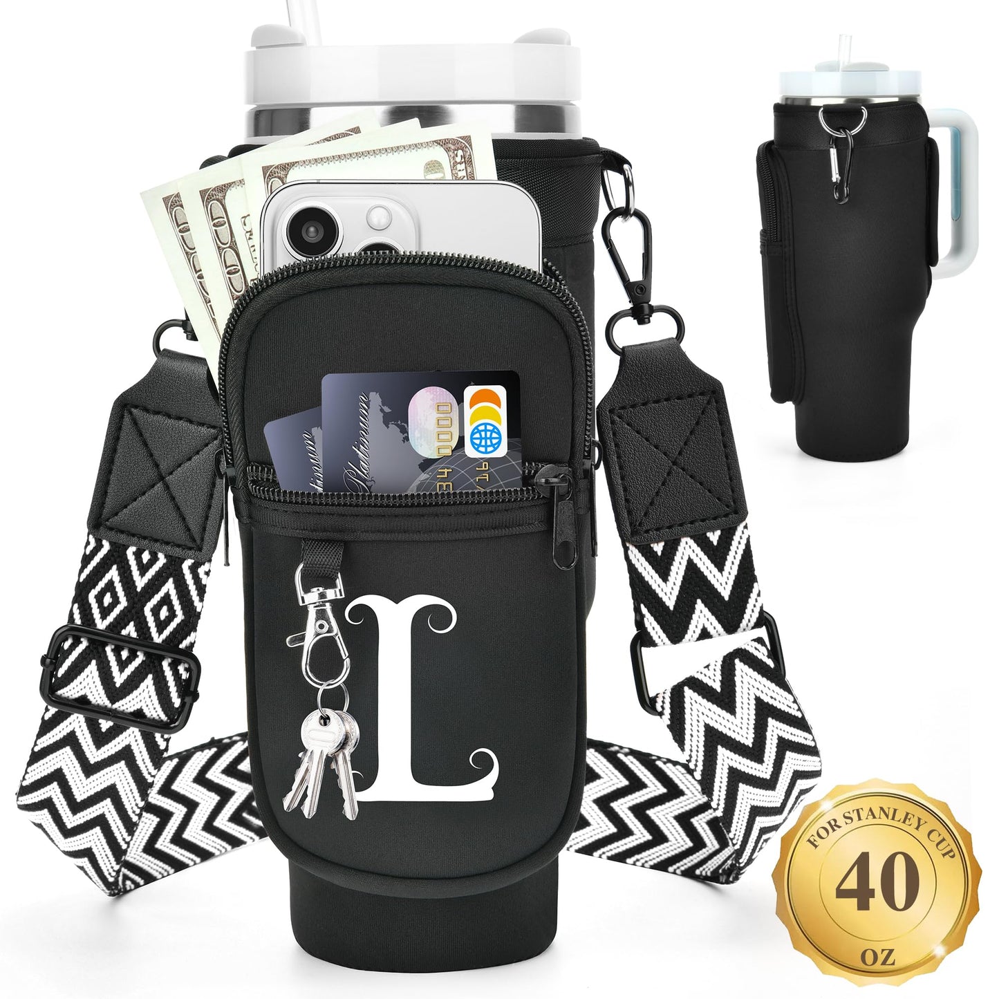 Water Bottle Holder with Strap for Stanley 40 oz Tumbler, for Simple Modern 40 oz Tumbler, Graduation Gift with Phone Pocket, Carabiner, Personalized Gift Initials for Stanley Cup Accessories