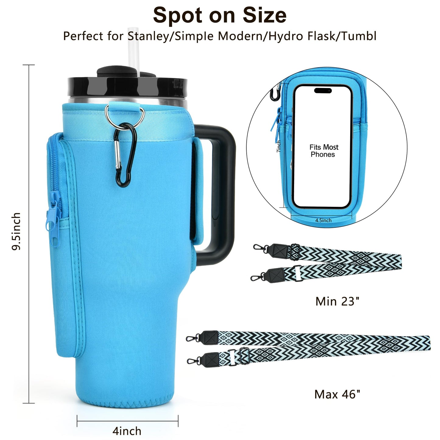 Water Bottle Holder with Strap for Stanley 40 oz Tumbler, for Simple Modern 40 oz Tumbler, Graduation Gift with Phone Pocket, Carabiner, Personalized Gift Initials for Stanley Cup Accessories