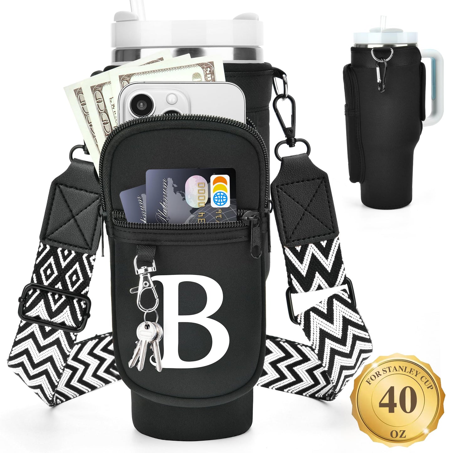 Water Bottle Holder with Strap for Stanley 40 oz Tumbler, for Simple Modern 40 oz Tumbler, Graduation Gift with Phone Pocket, Carabiner, Personalized Gift Initials for Stanley Cup Accessories