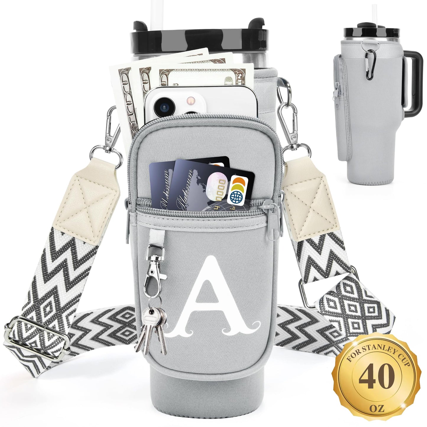 Water Bottle Holder with Strap for Stanley 40 oz Tumbler, for Simple Modern 40 oz Tumbler, Graduation Gift with Phone Pocket, Carabiner, Personalized Gift Initials for Stanley Cup Accessories