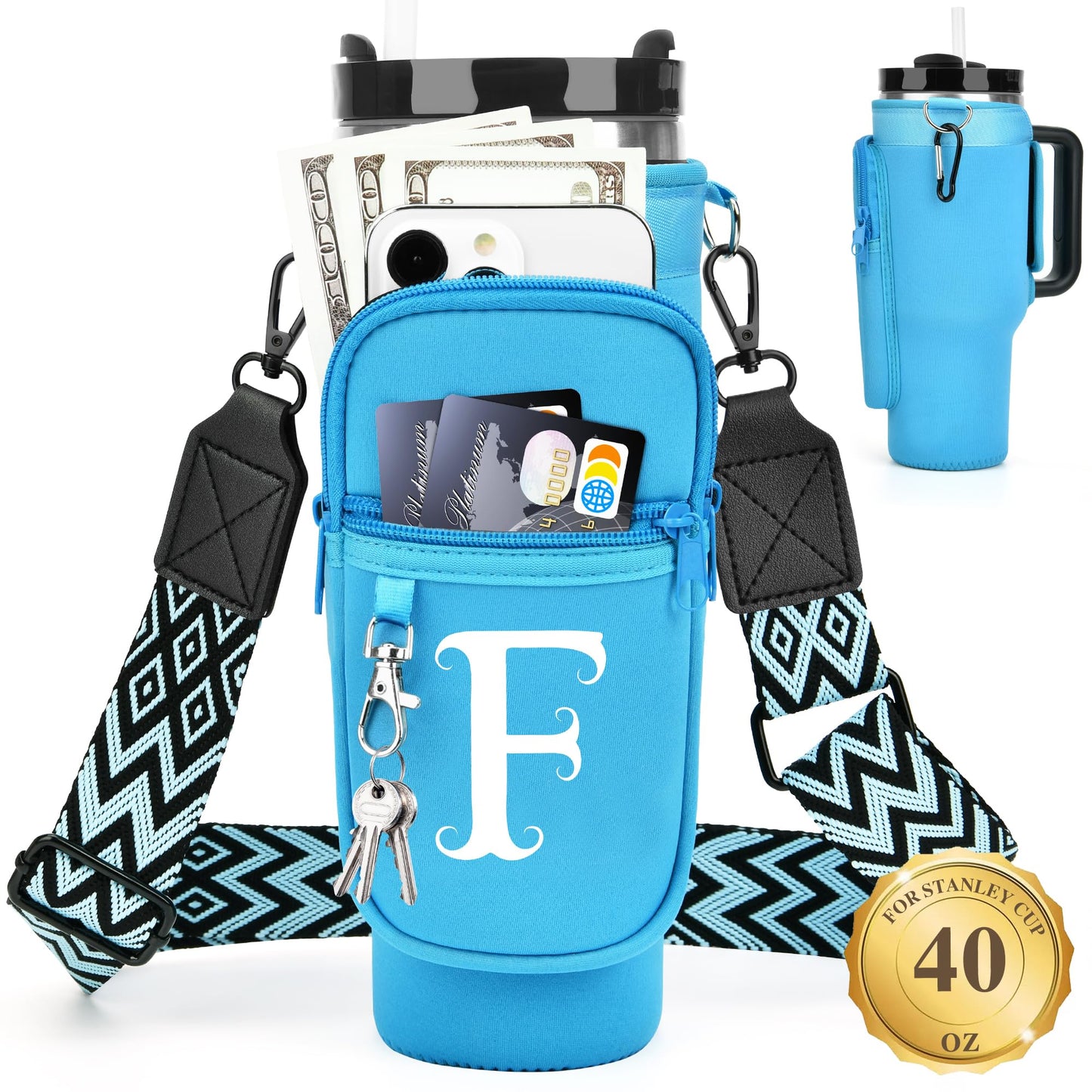 Water Bottle Holder with Strap for Stanley 40 oz Tumbler, for Simple Modern 40 oz Tumbler, Graduation Gift with Phone Pocket, Carabiner, Personalized Gift Initials for Stanley Cup Accessories