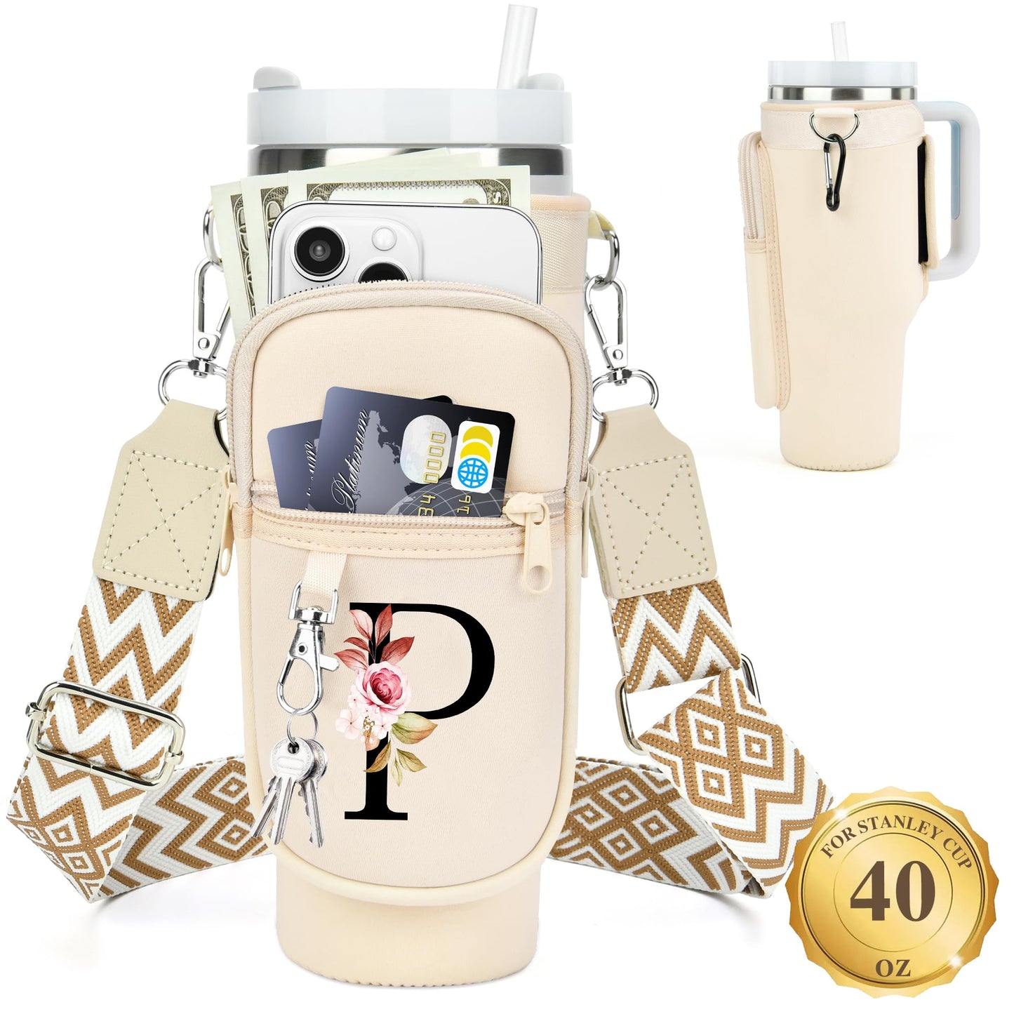 Water Bottle Holder with Strap for Stanley 40 oz Tumbler, for Simple Modern 40 oz Tumbler, Graduation Gift with Phone Pocket, Carabiner, Personalized Gift Initials for Stanley Cup Accessories