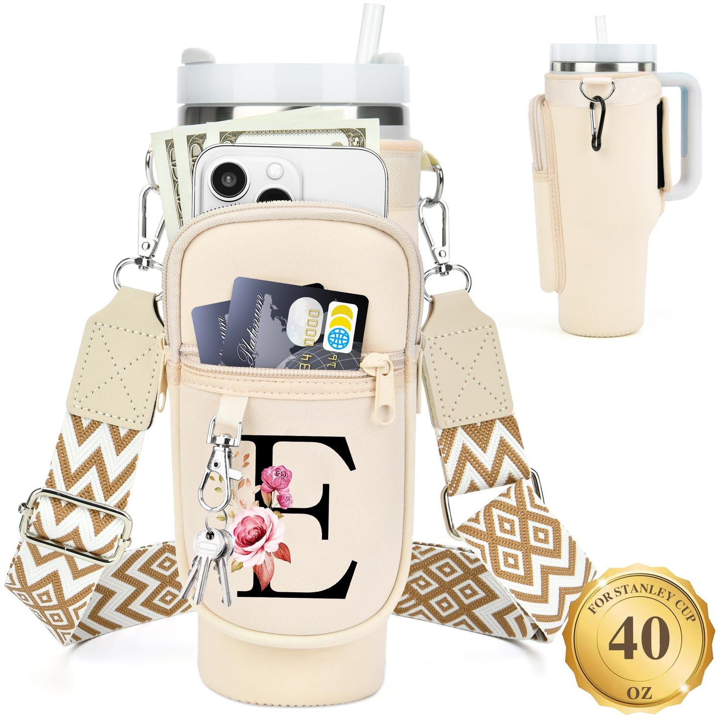 Water Bottle Holder with Strap for Stanley 40 oz Tumbler, for Simple Modern 40 oz Tumbler, Graduation Gift with Phone Pocket, Carabiner, Personalized Gift Initials for Stanley Cup Accessories